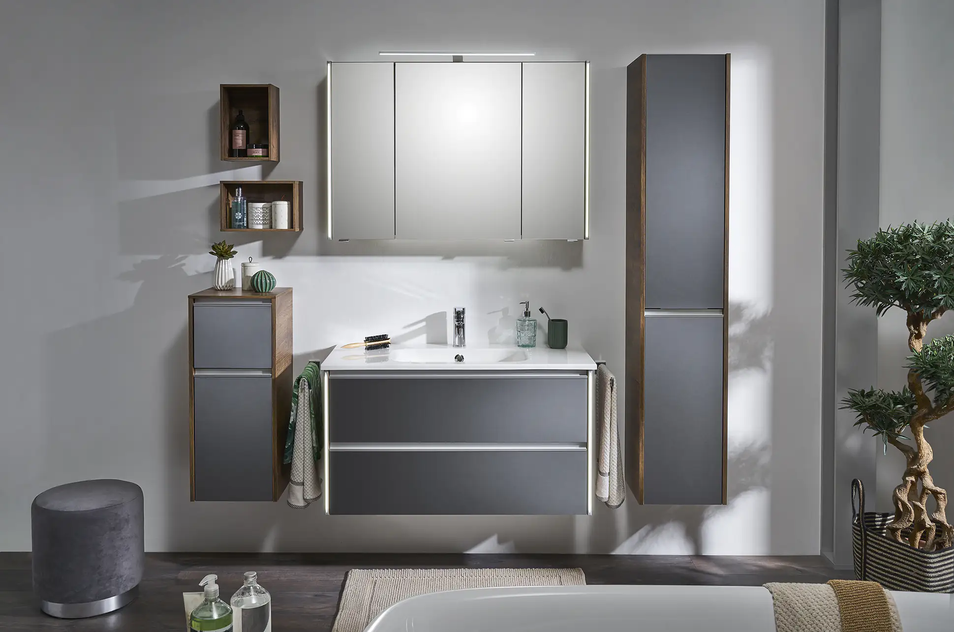 Pelipal Badmöbel-Set 6040 Stahlgrau/Eiche Ribbeck mit Waschplatzbeleuchtung 170 cm