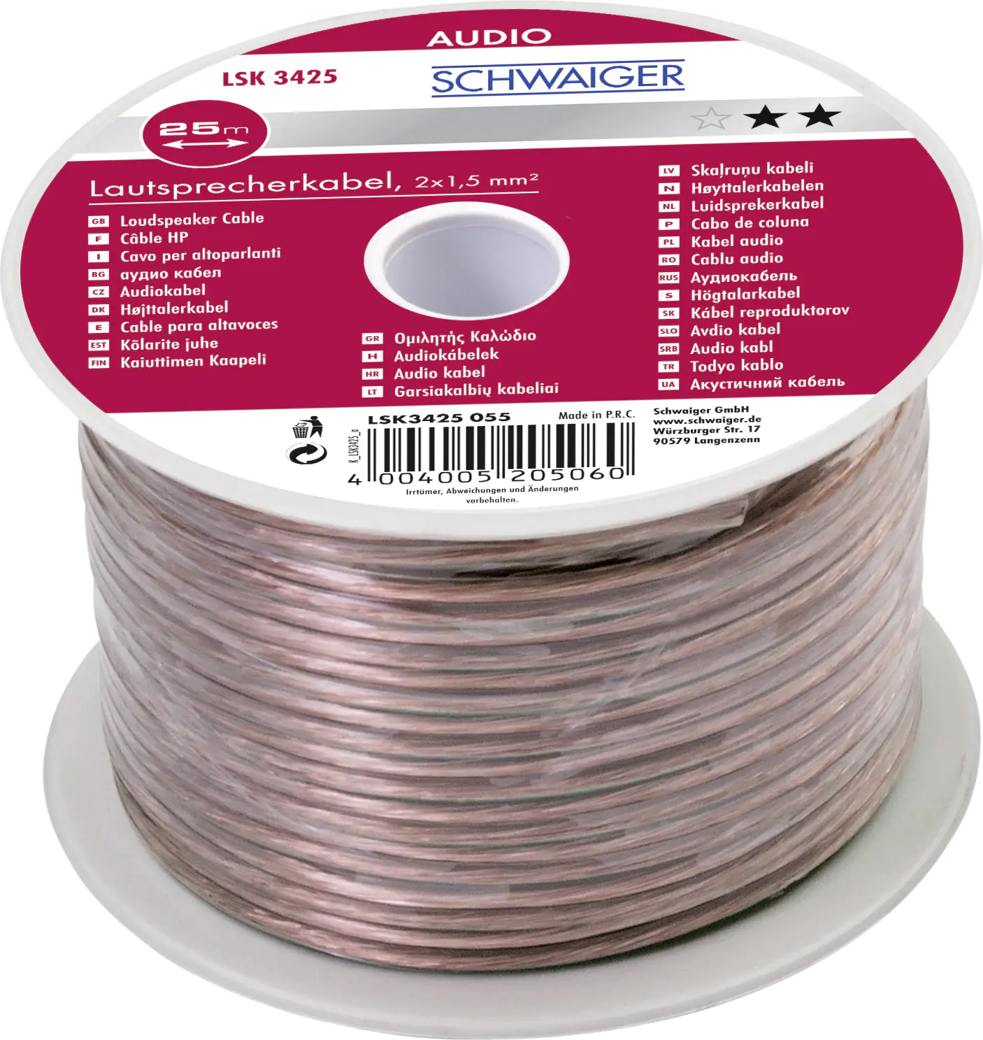 Schwaiger Lautsprecherkabel LSK3425 055 transparent, 25m, 2x 1,5mm², unkonfektioniert Schwaiger Lautsprecherkabel LSK3425 055 transparent, 25m, 2x 1,5mm², unkonfektioniert