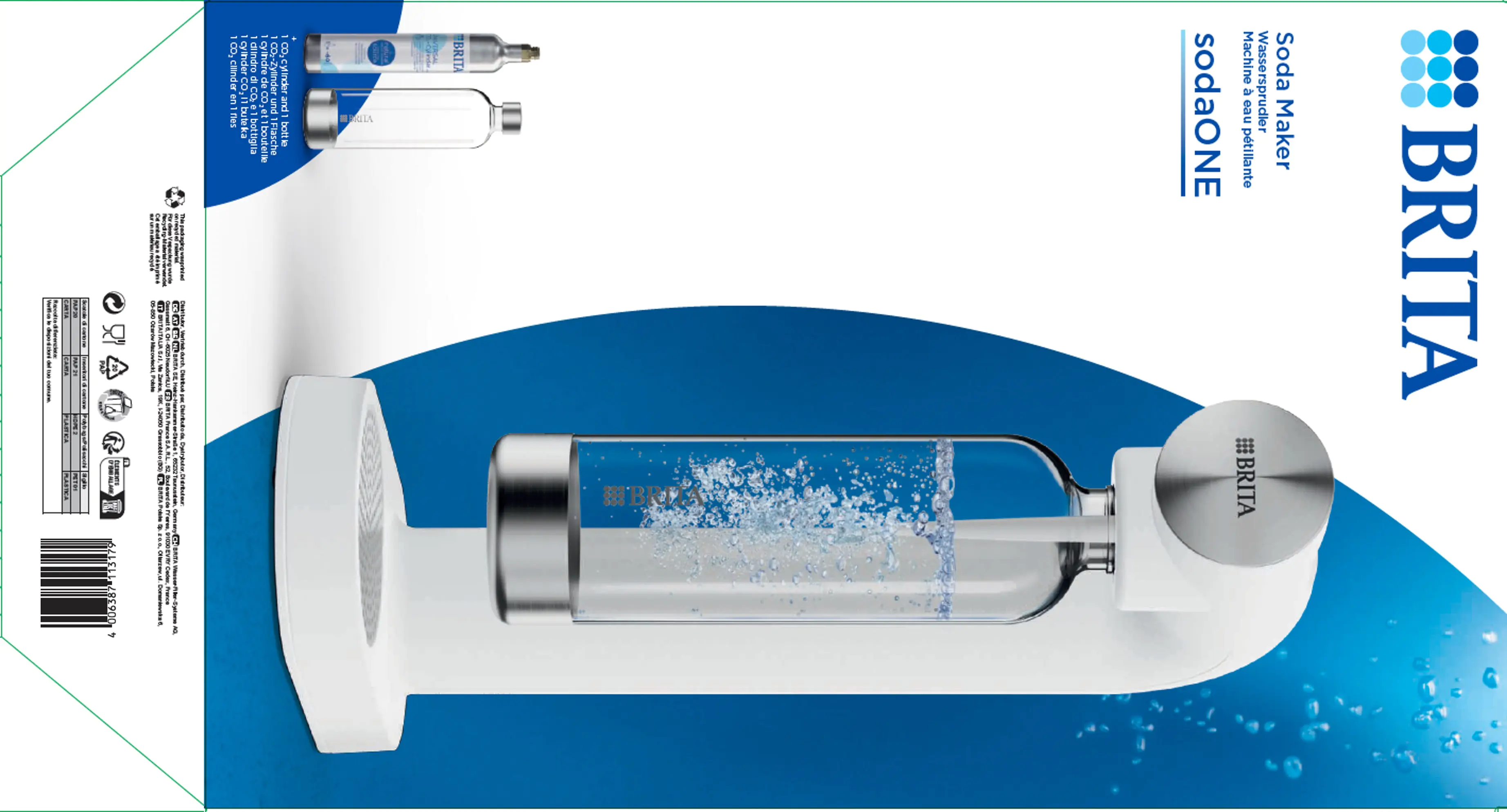 Brita Trinkwassersprudler SodaOne weiß inkl. CO2 Zylinder, 1x 1 L PET Flasche