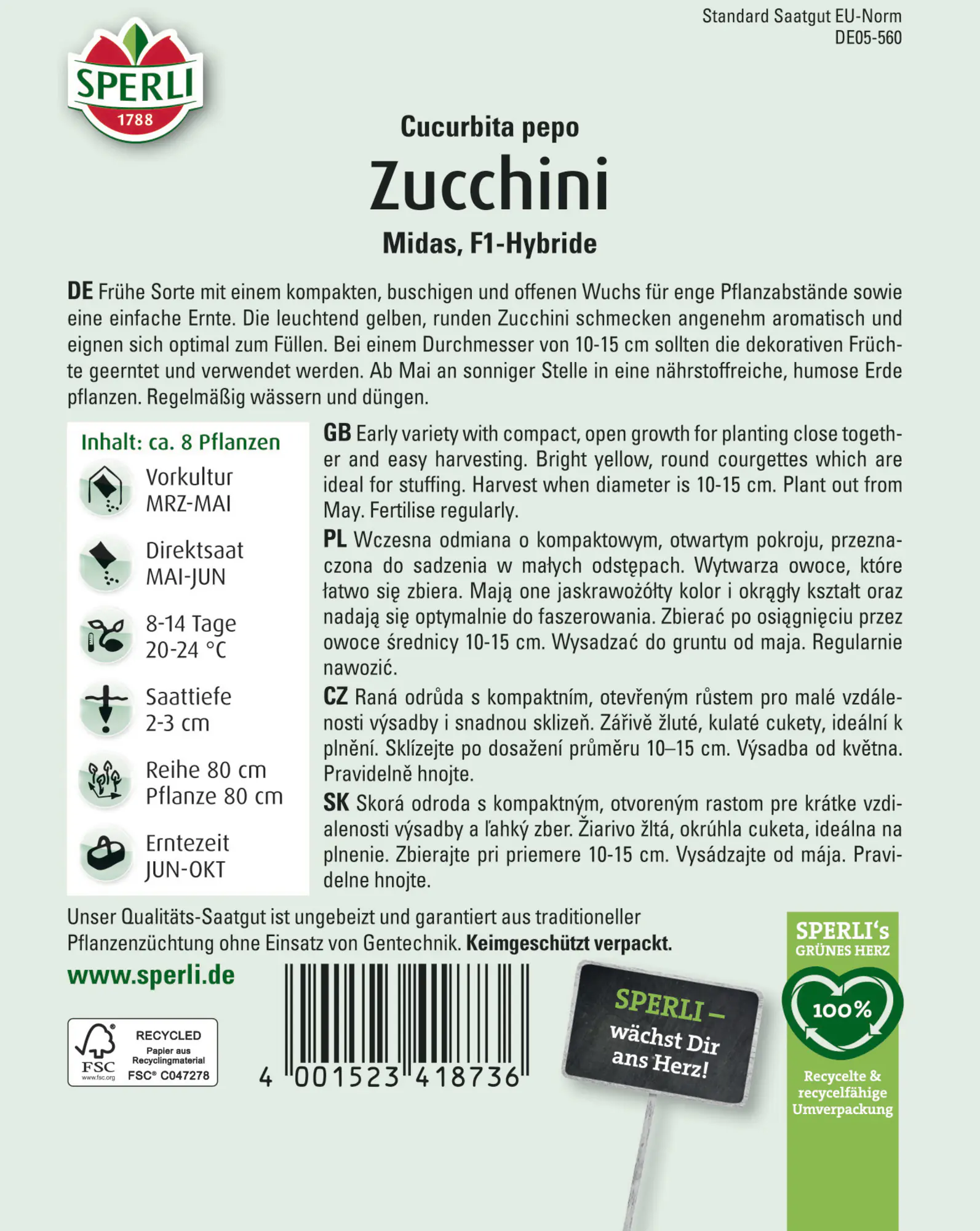 Sperli Saatgut Zucchini Midas F1 für ca. 8 Pflanzen