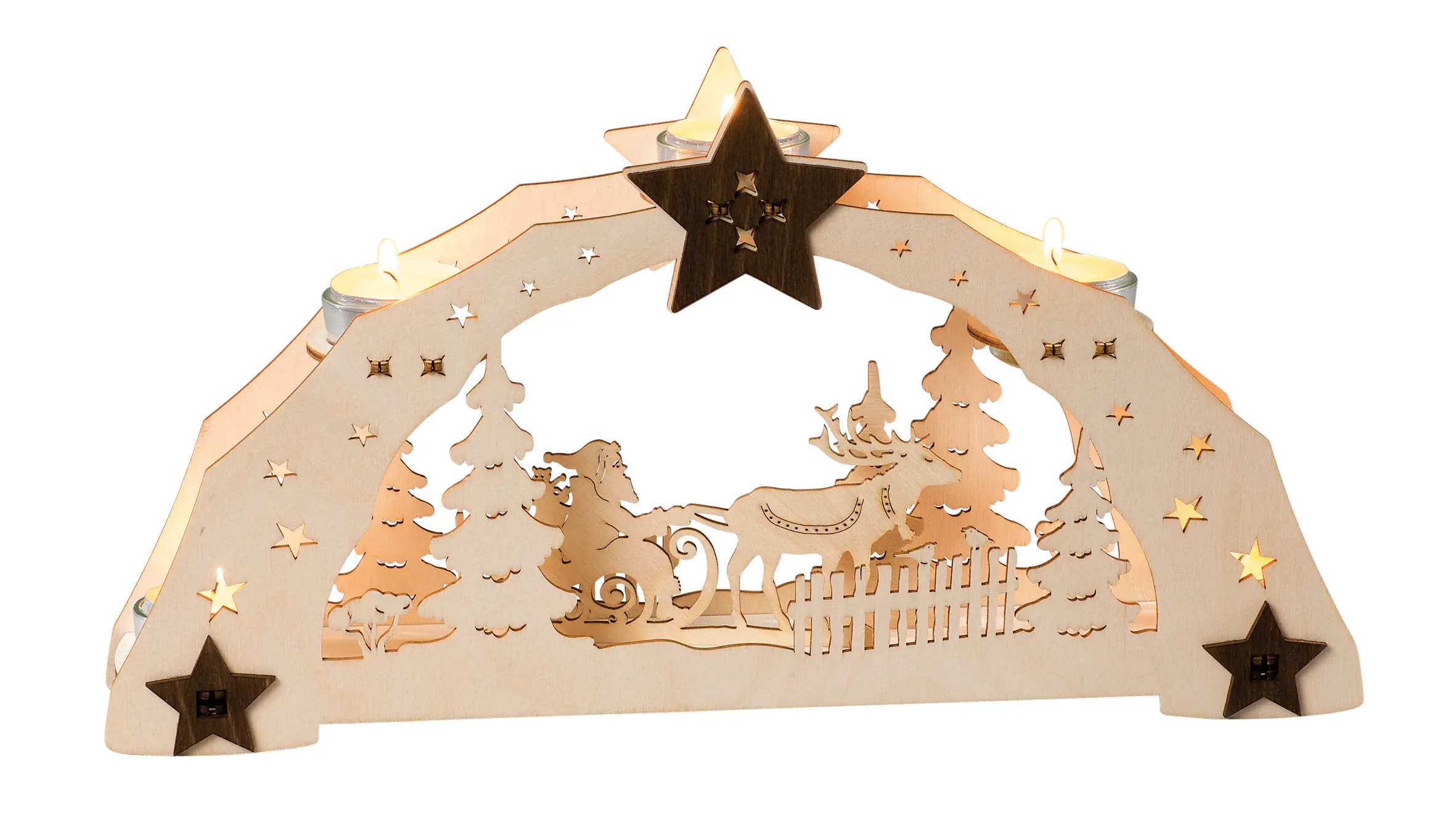 Saico Schwibbogen Weihnachtsmann auf Schlitten & 5 Teelichthalter 38 x 20 cm natur