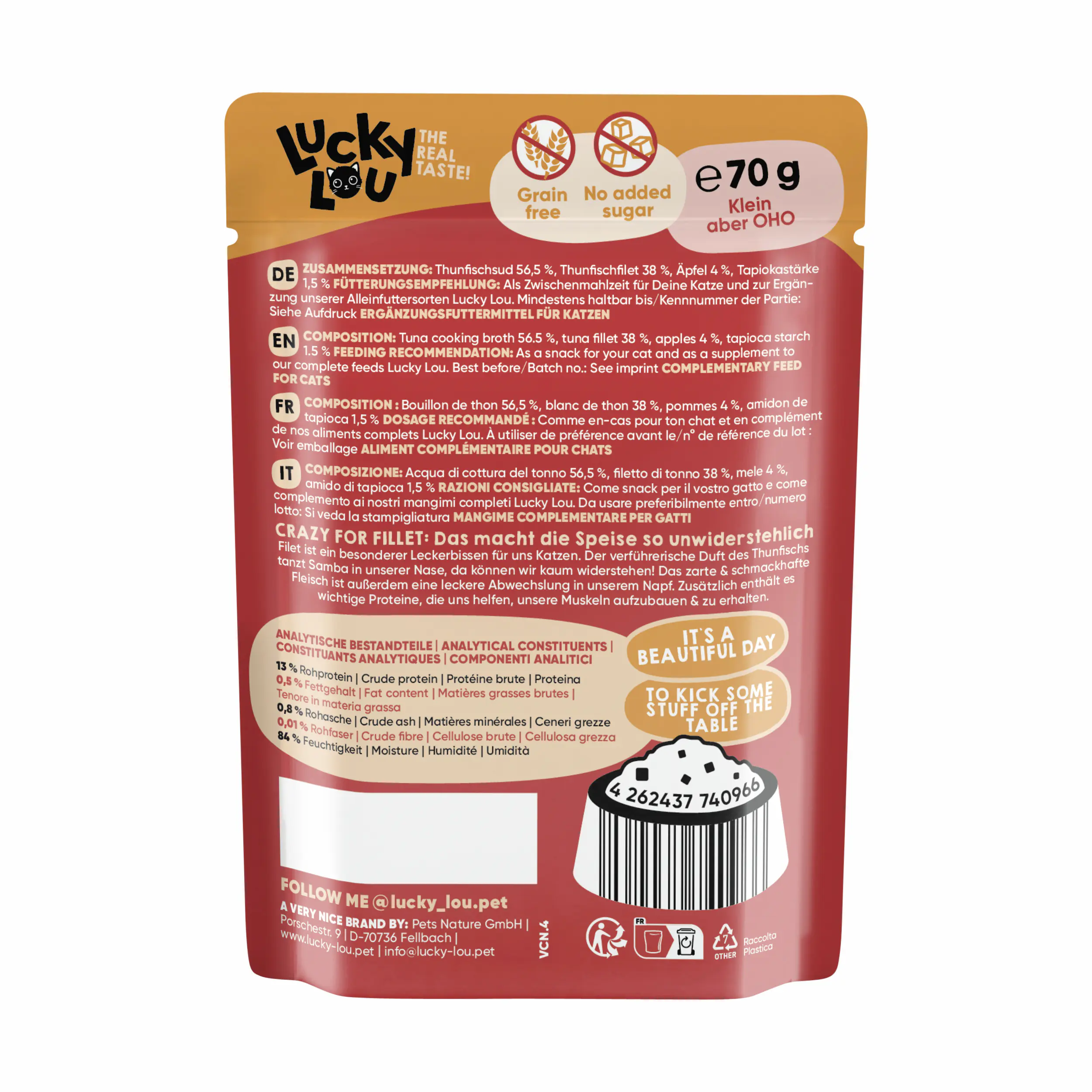 Lucky Lou Extrafood Katzennassfutter Adult getreidefrei 70 g Thunfisch & Apfel in Sud