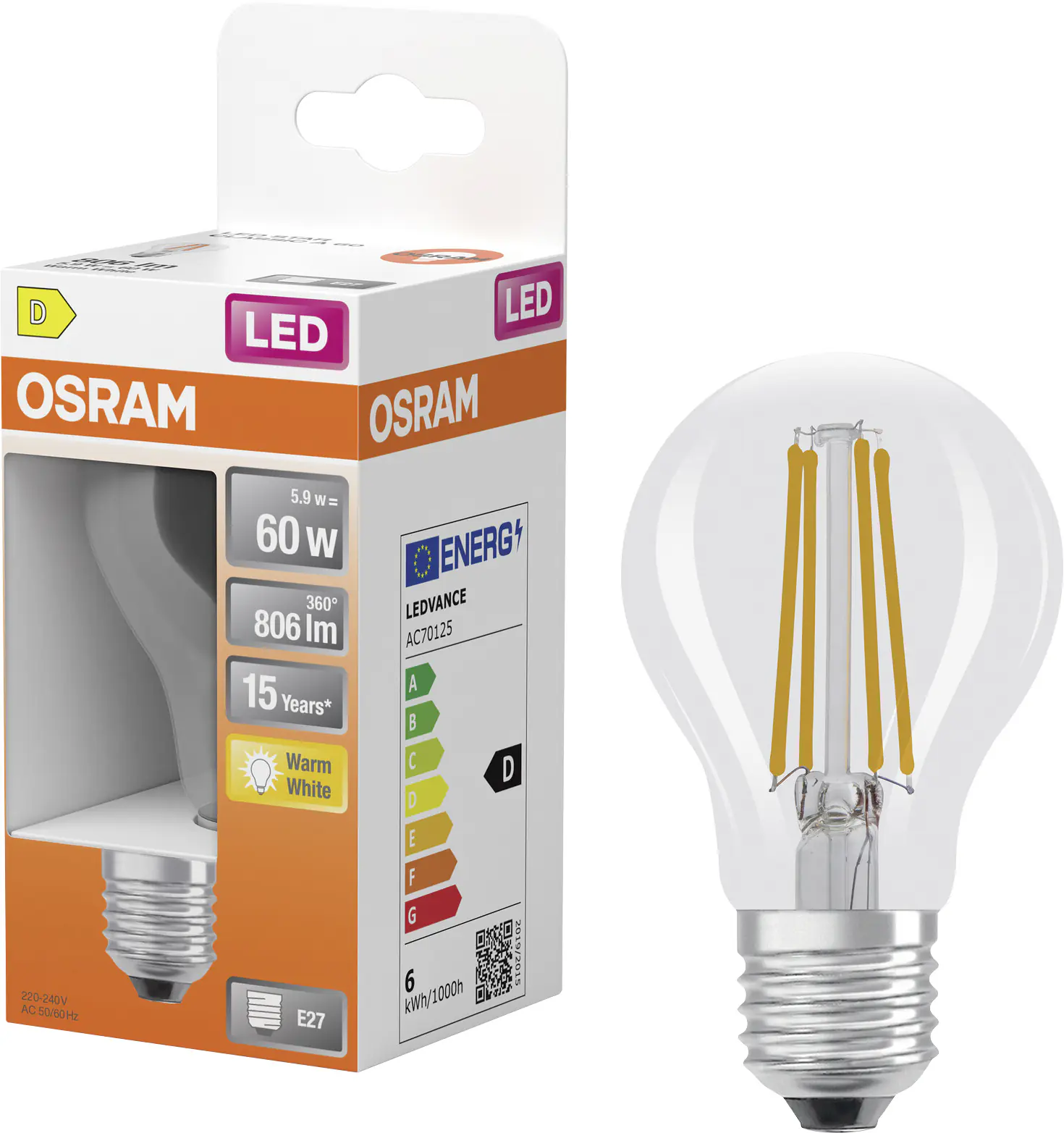 Osram LED Leuchtmittel Star Classic A 60 Filament 5,9W 827 klar E27