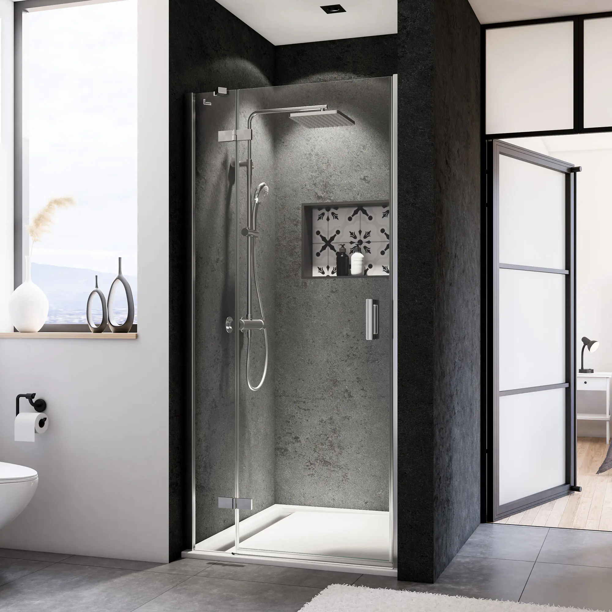 Breuer Panorama Drehtür + Festteil Nische 90 x 200 cm chrom links CER+