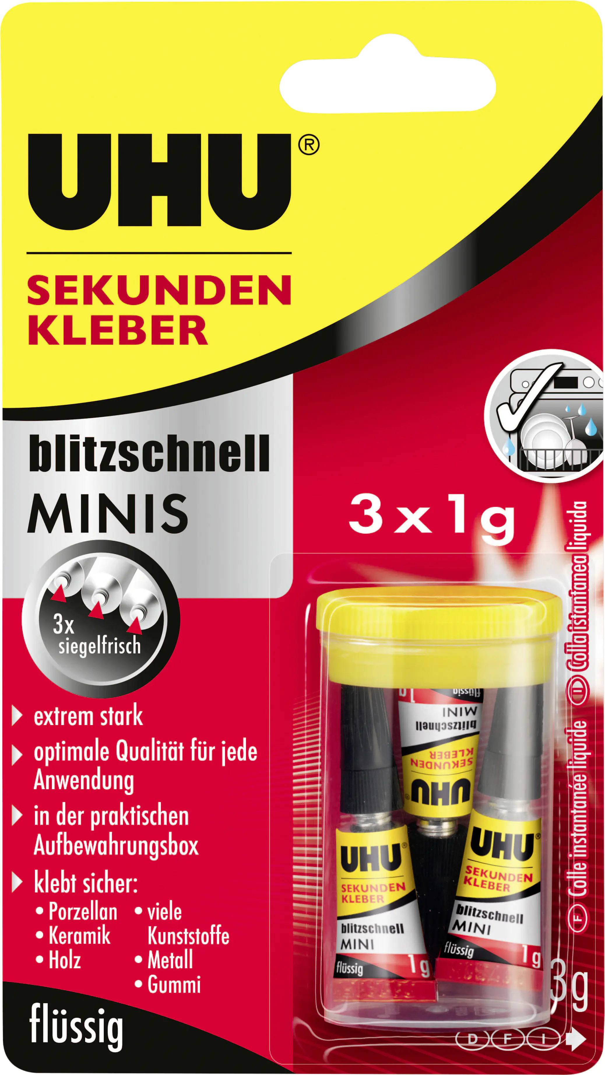 UHU Sekundenkleber blitzschnell Minis 3 g (3 x 1 g), flüssig, in der praktischen Box