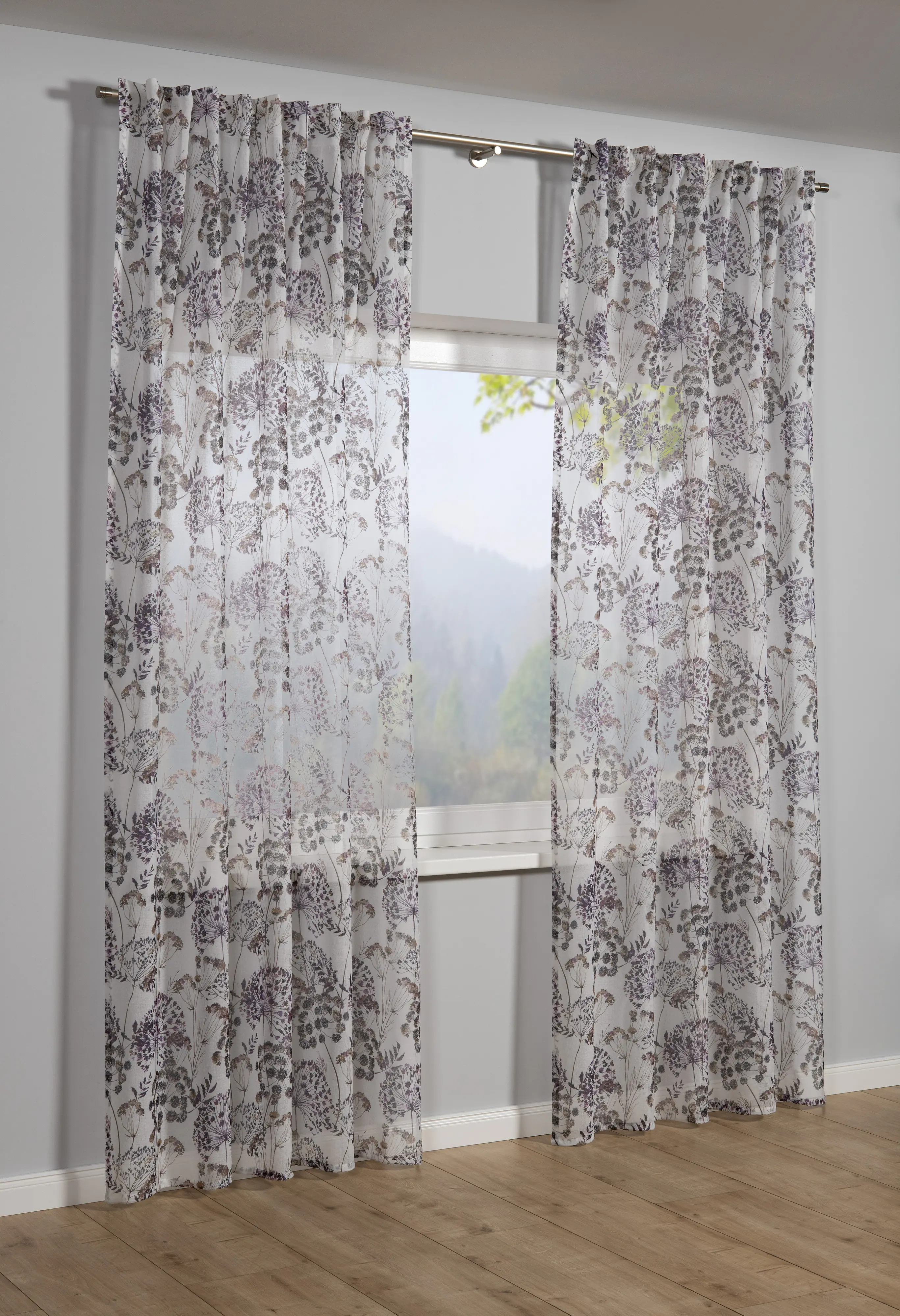 Sehlbach Fertigschal mit Gardinenband Blumenmuster 135 x 245 cm aubergine