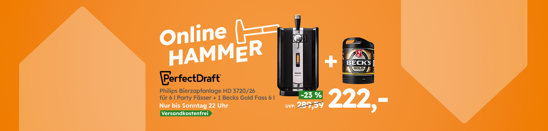 Online Hammer: PerfectDraft Zapfanlage + Beck’s Gold Fass auf orangem Banner, nur bis Sonntag 22 Uhr, versandkostenfrei, -23 %, 222,-.