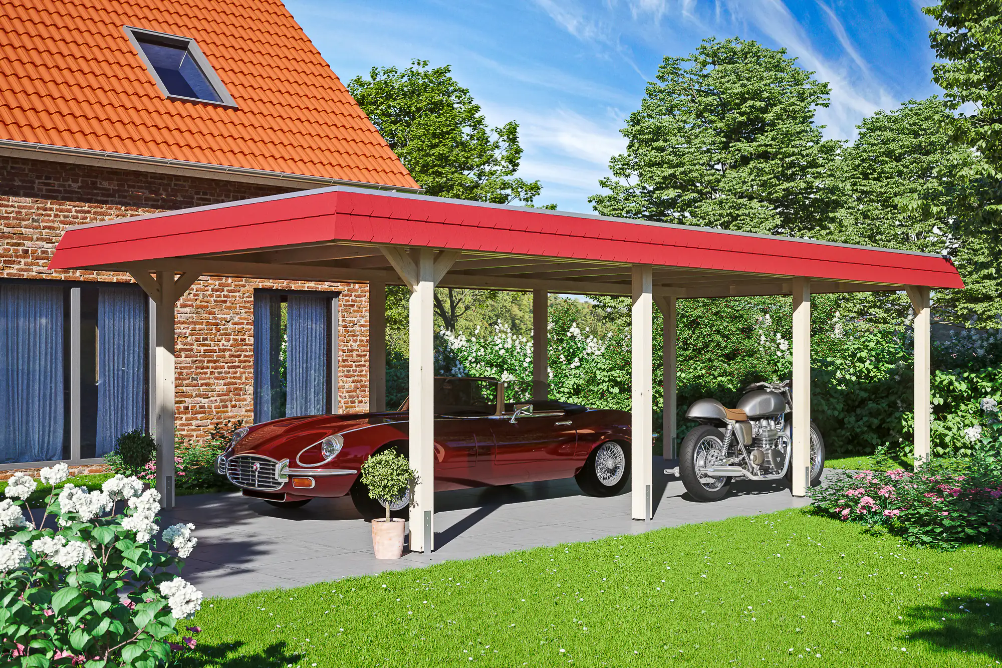 SKAN HOLZ Carport Wendland 409 x 870 cm mit EPDM-Dach, rote Blende