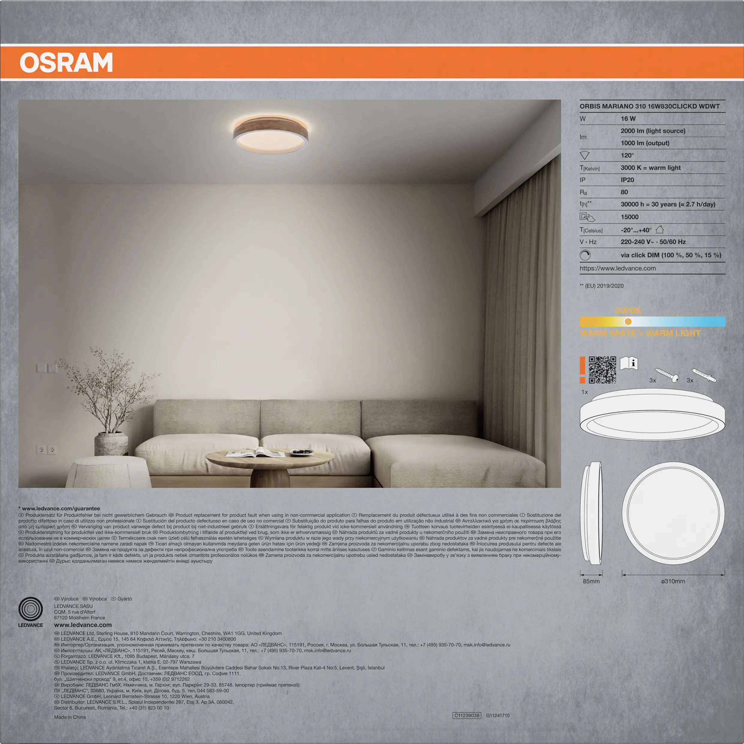 Osram LED-Deckenleuchte Orbis Mariano Ø31 cm 16 W Holzdekor weiß dimmbar