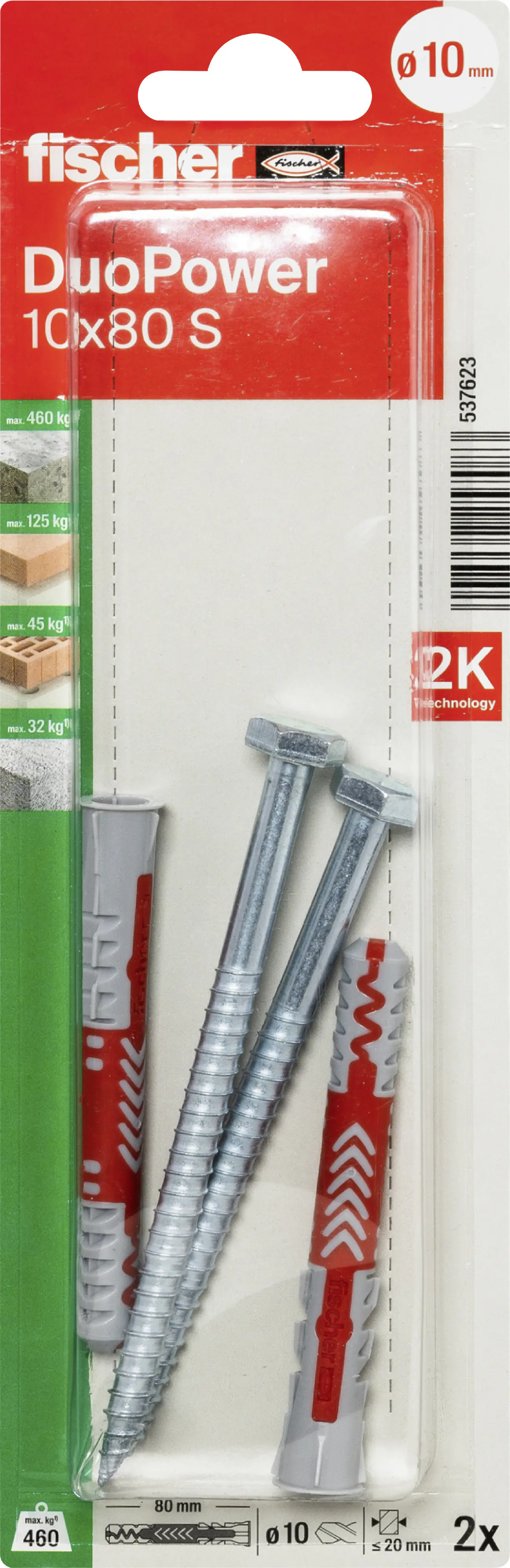Fischer Dübel DuoPower 10 x 80 mm mit Schrauben - 2 Stück