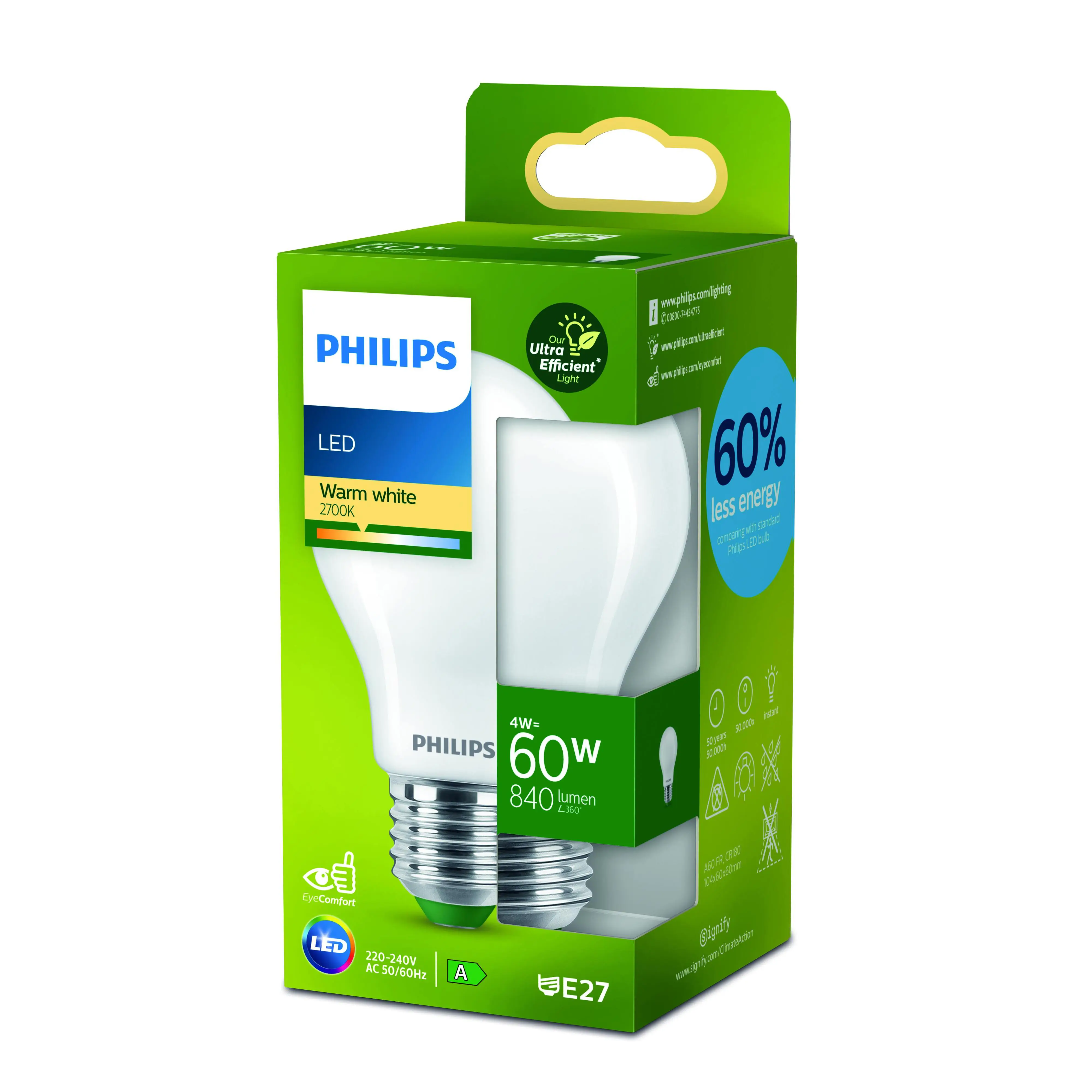 Philips LED-Leuchtmittel Birnenform A60 E27 4W warmweiß