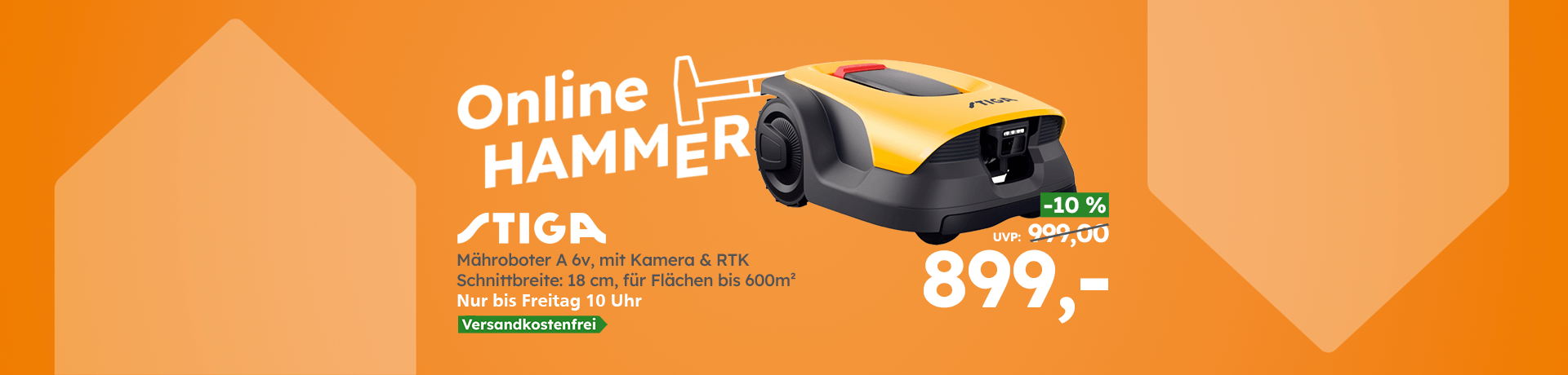 STIGA Online Hammer: Mähroboter A 15v für 899 € statt 999 € UVP (-10 %). Kamera & RTK, 18 cm Schnittbreite, versandkostenfrei bis Freitag 10 Uhr.