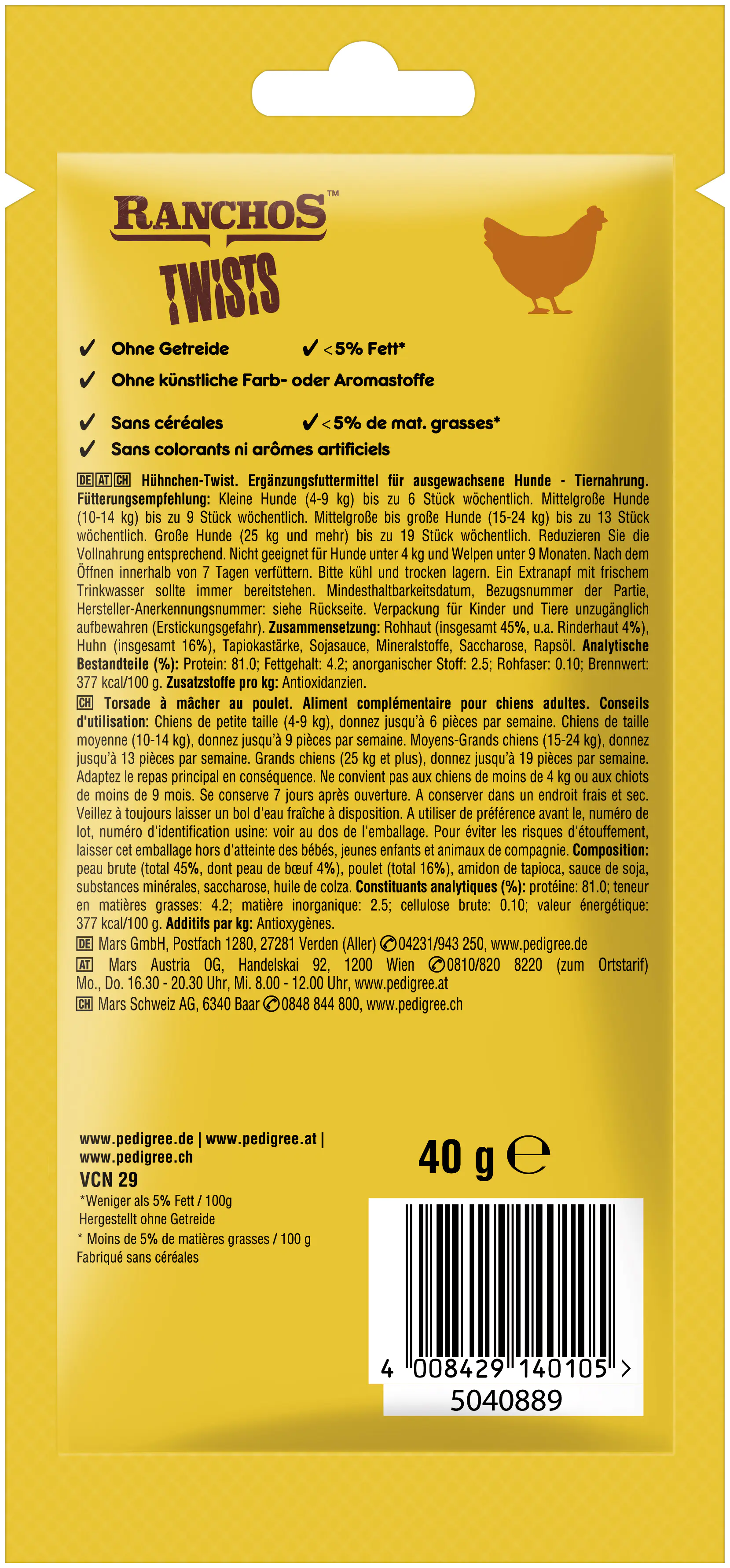 PEDIGREE® RANCHOS Twists Beutel mit Huhn 12 x 40g