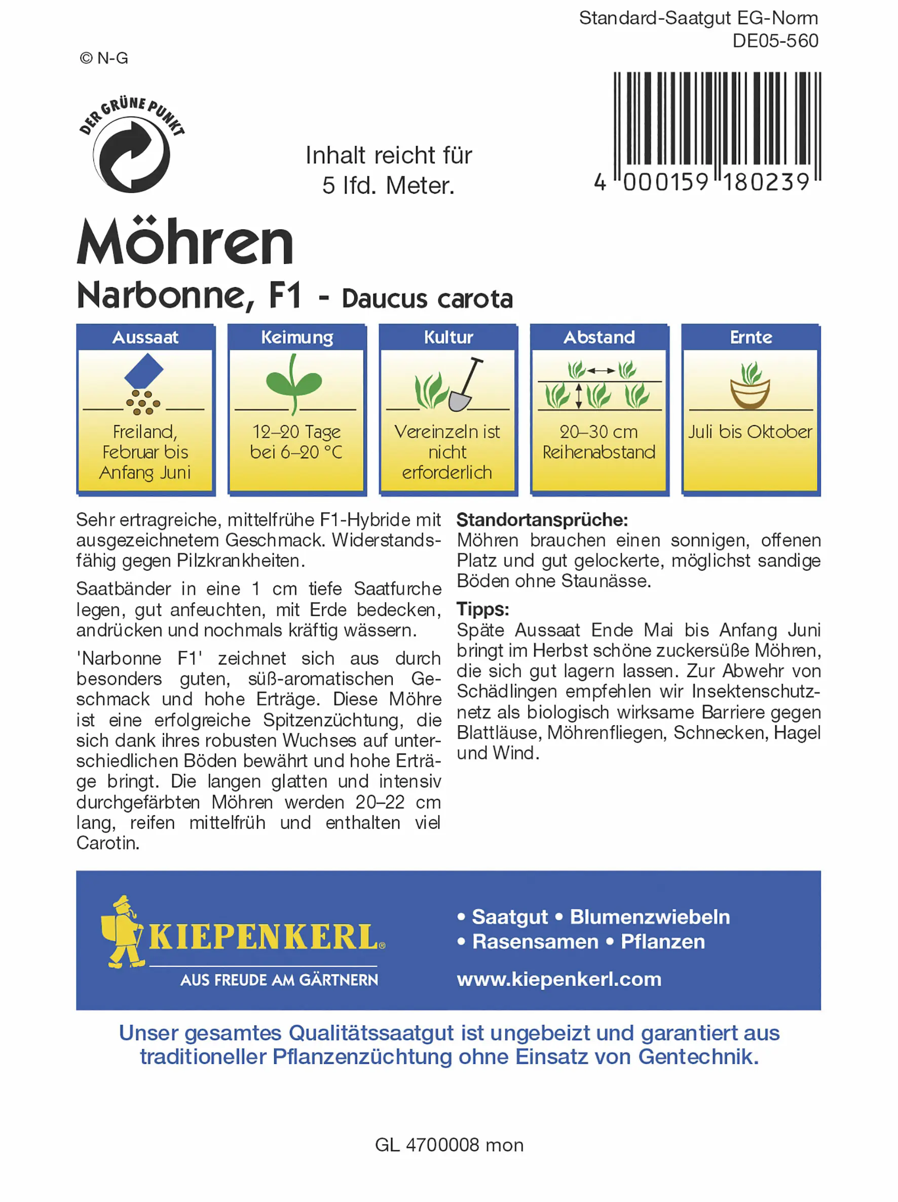 Kiepenkerl Möhre Narbonne F1 Saatband Inhalt reicht für 5 lfd. Meter