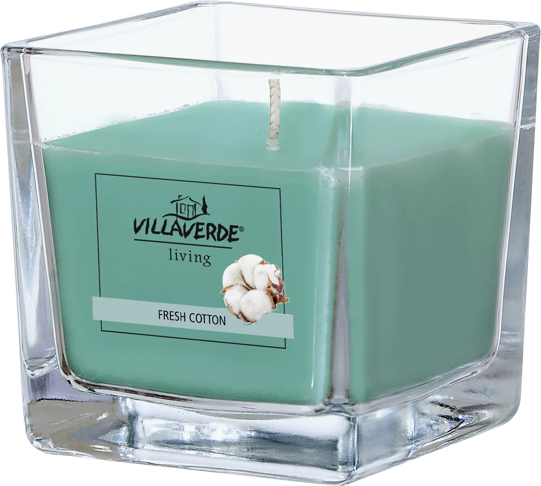 4019916501842 Villa Verde Duftkerze im Glas klar eckig Fresh Cotton, 8 x 8 x 8 cm