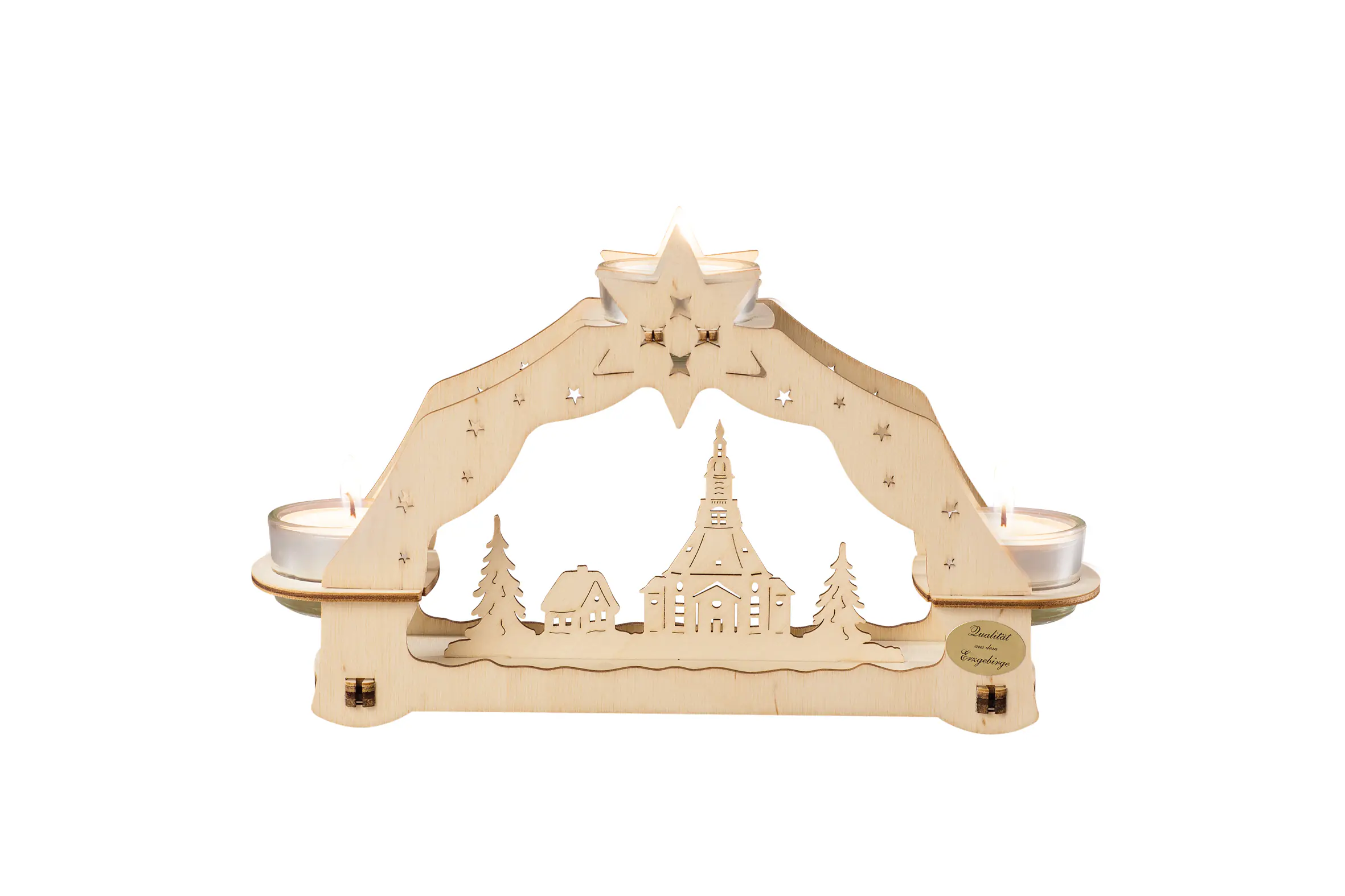 Saico Schwibbogen Seiffener Kirche für 3 Teelichthalter 24,5 x 13,5 cm natur