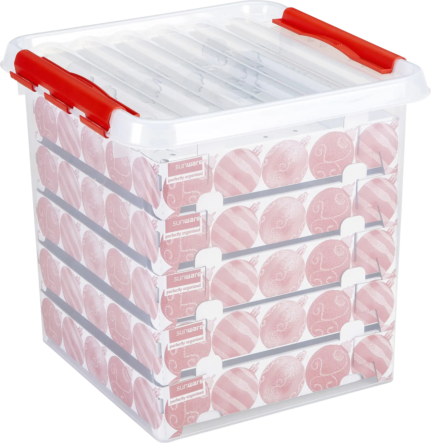 Q-line Weihnachtsbox 38L mit Einsatz für 125 Kugeln transparent rot Q-line Weihnachtsbox 38L mit Einsatz für 125 Kugeln transparent rot