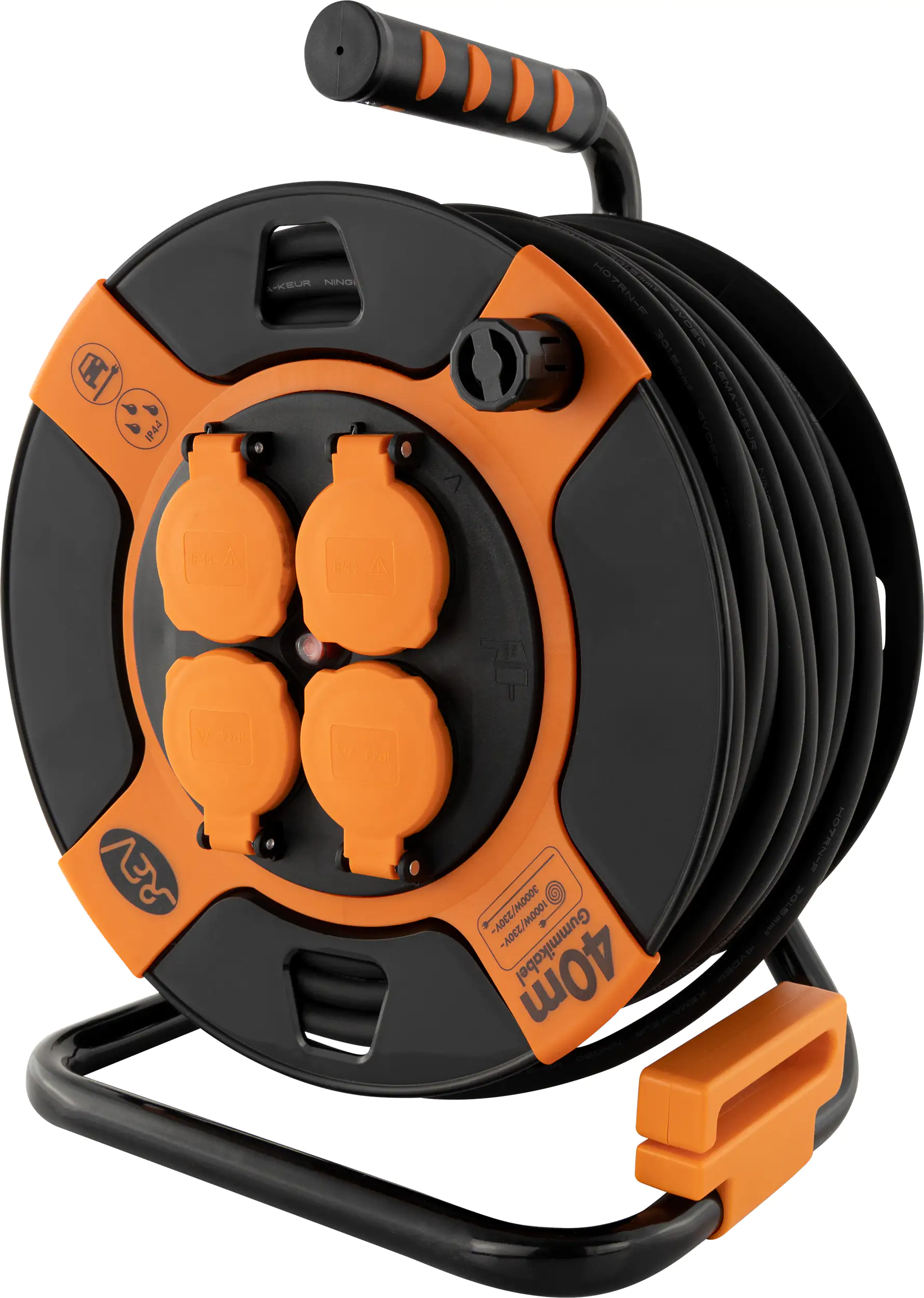 REV Kabeltrommel Außen 40 m H07RN-F3x1,5 mm², orange schwarz, 4x Schutzkontaktstecker REV Kabeltrommel Außen 40 m H07RN-F3x1,5 mm², orange schwarz, 4x Schutzkontaktstecker