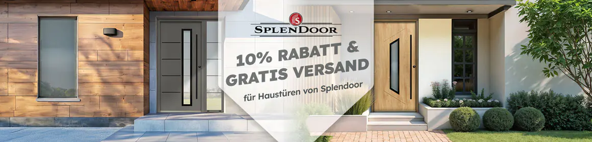 SplenDoor Haustüren: „10% Rabatt & Gratis Versand“, moderne Hauseingänge mit Holz- und Designtüren, Aktion für hochwertige Haustüren von SplenDoor.