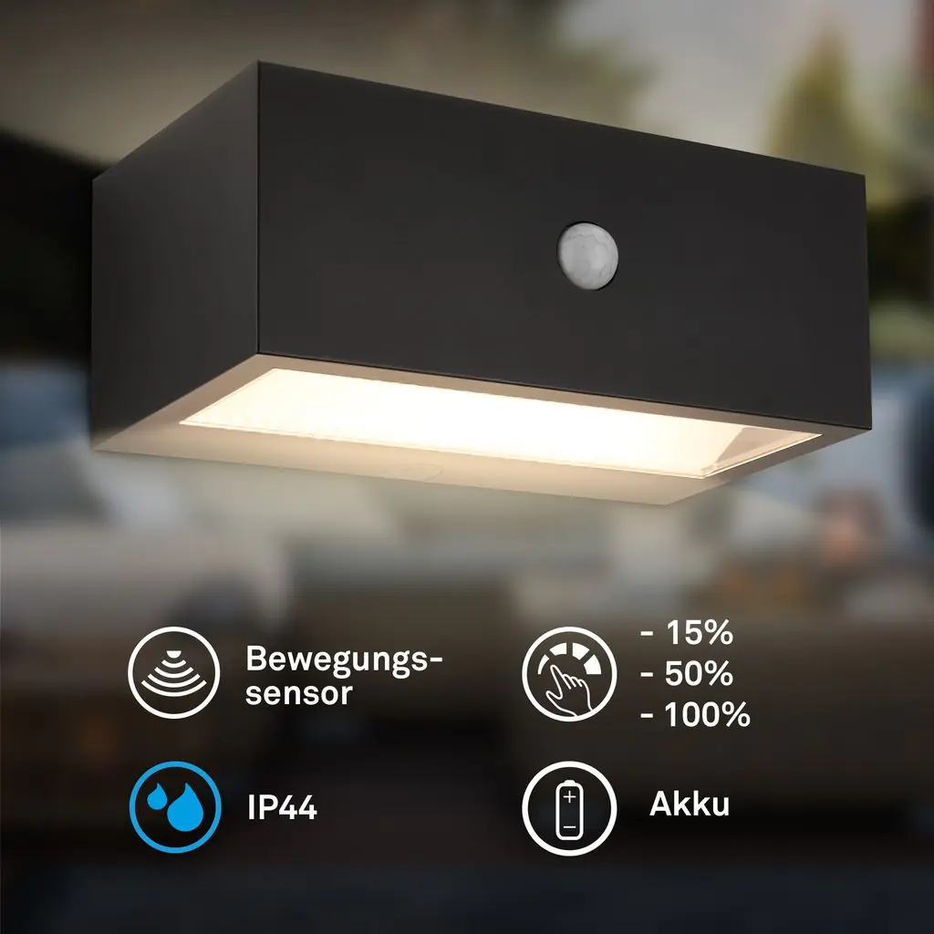 Briloner LED Akku-Außenwandleuchte Dogu schwarz 6,5W 700lm warmweiß Bewegungssensor