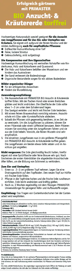 Primaster Bio Kräuter- & Anzucht Erde torffrei 40 L Primaster Bio Kräuter- & Anzucht Erde torffrei 40 L
