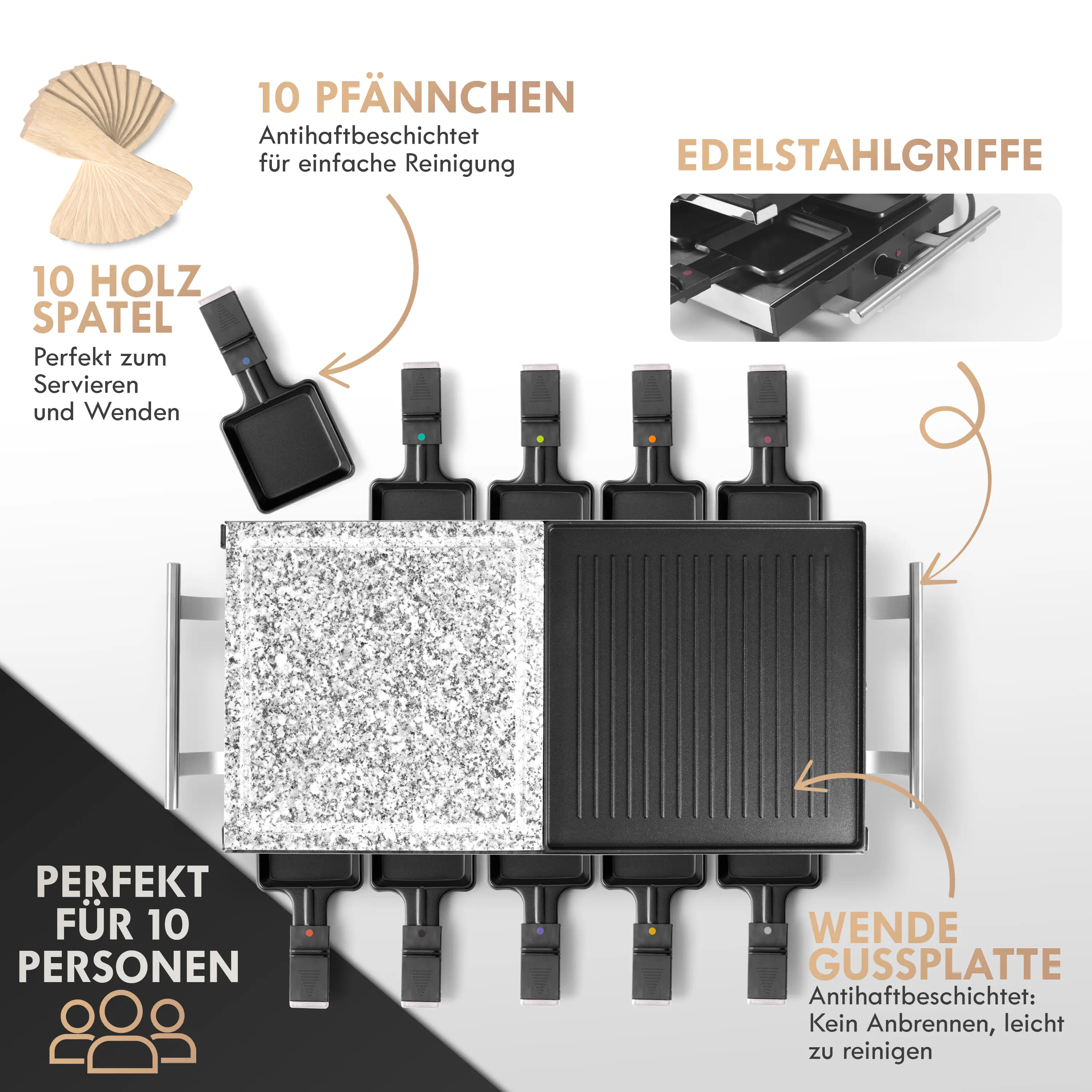 Proficook Raclette RG 1144 Guß/Steinplatte 10 Pfännchen 1700 Watt