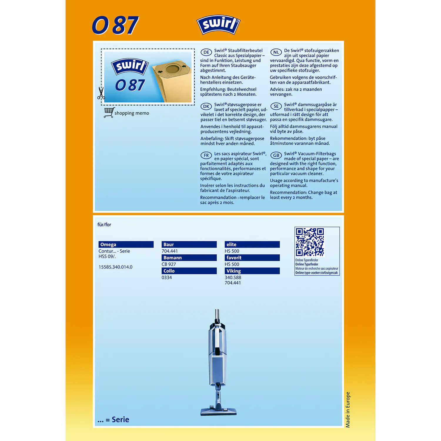 Swirl O 87 Spezialpapier Staubsaugerbeutel 9 Staubbeutel + 1 Filter Swirl O 87 Spezialpapier Staubsaugerbeutel 9 Staubbeutel + 1 Filter