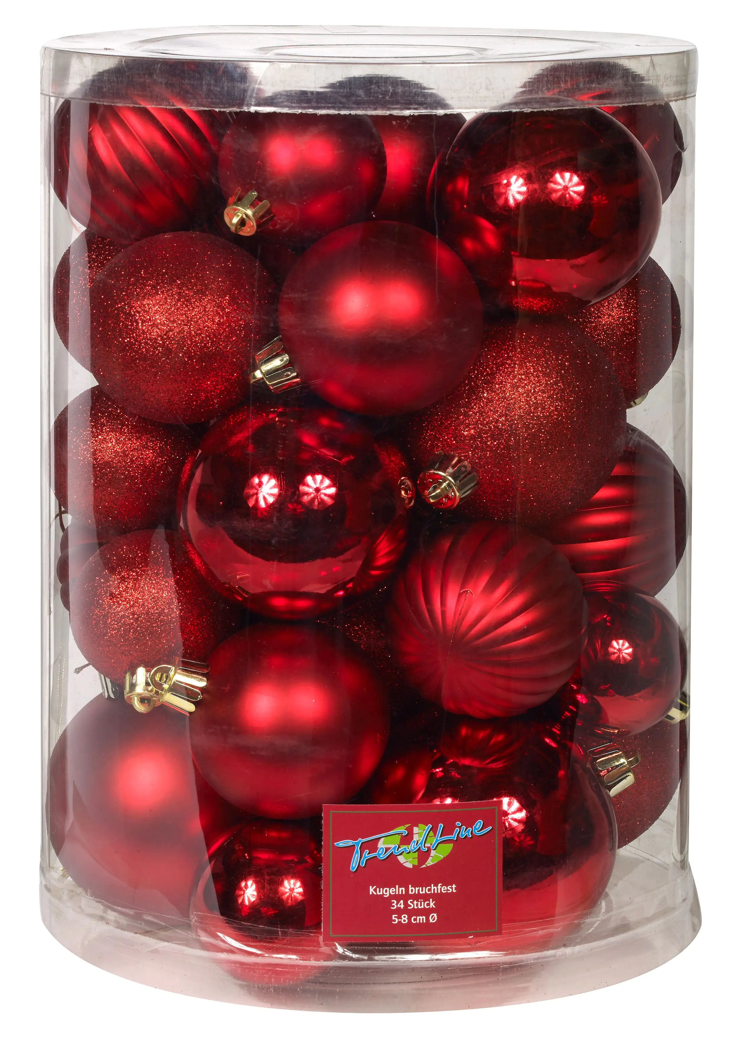 2076601528098 TrendLine Weihnachtskugeln bruchfest, langlebig Ø 5 - 8 cm rot 34 Stück