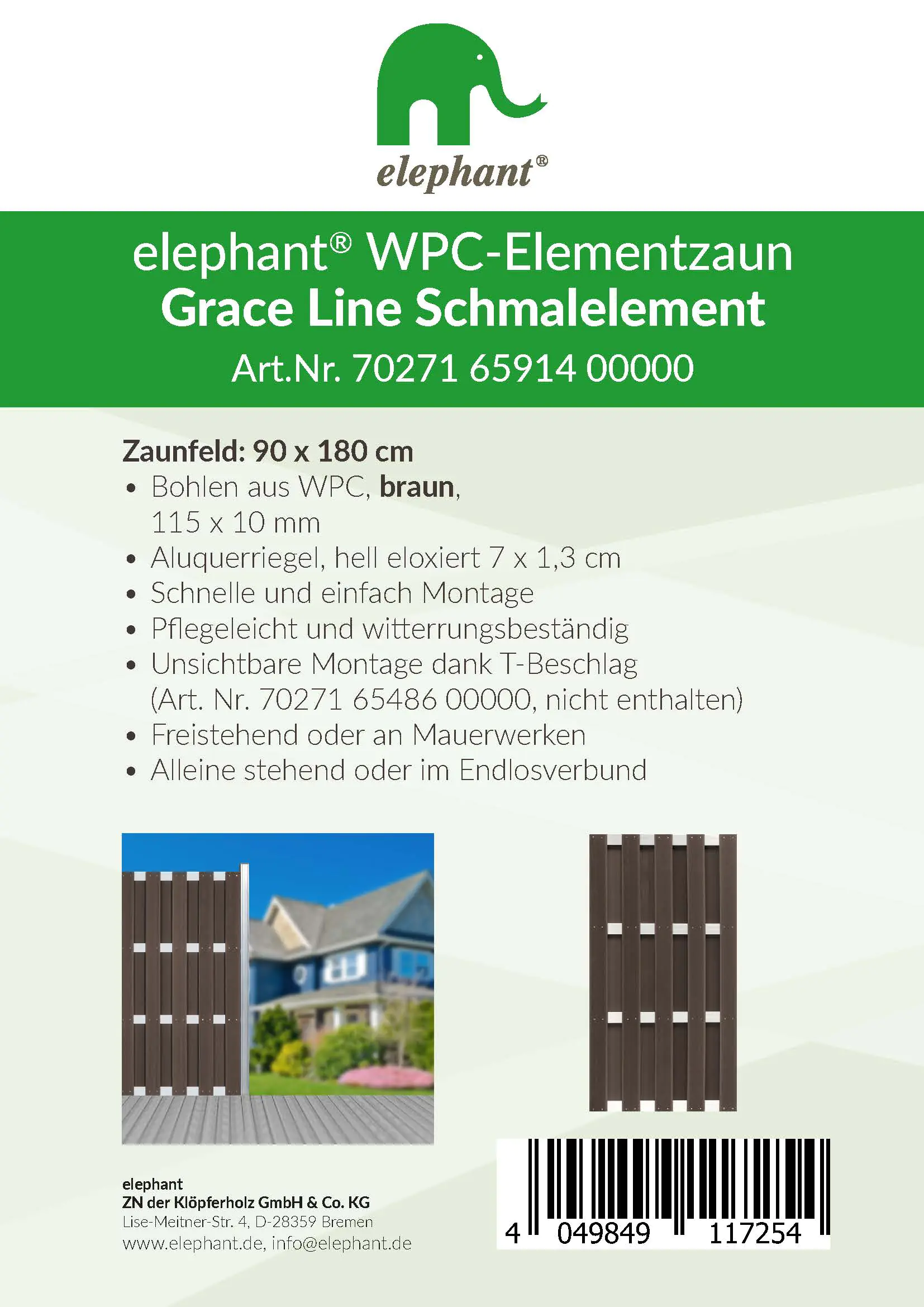 elephant WPC-Sichtschutzzaun Grace Line Schmalelement braun 90 x 180 cm