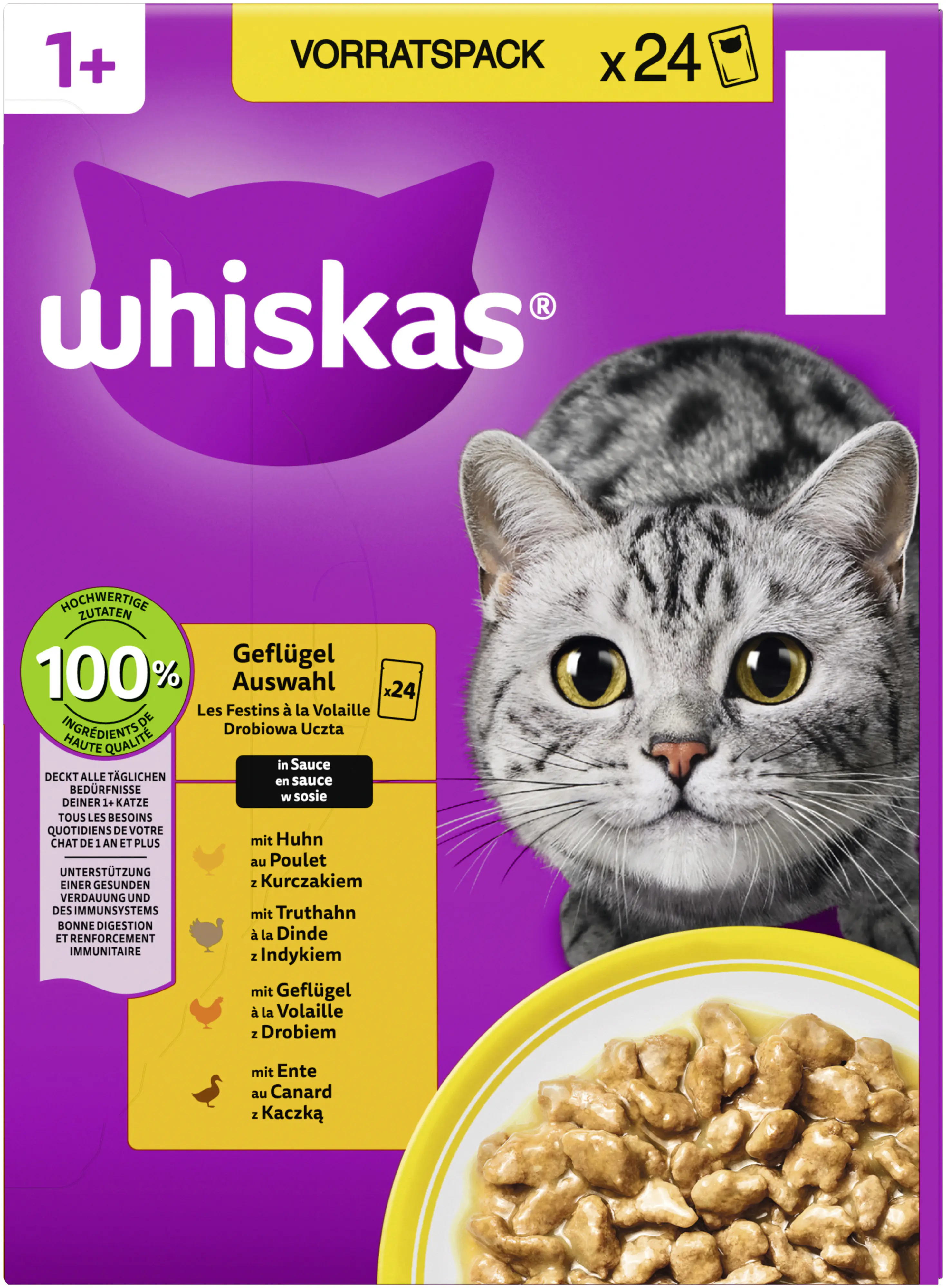 Whiskas Katzennassfutter Adult 24 x 85 g Geflügelauswahl in Sauce 