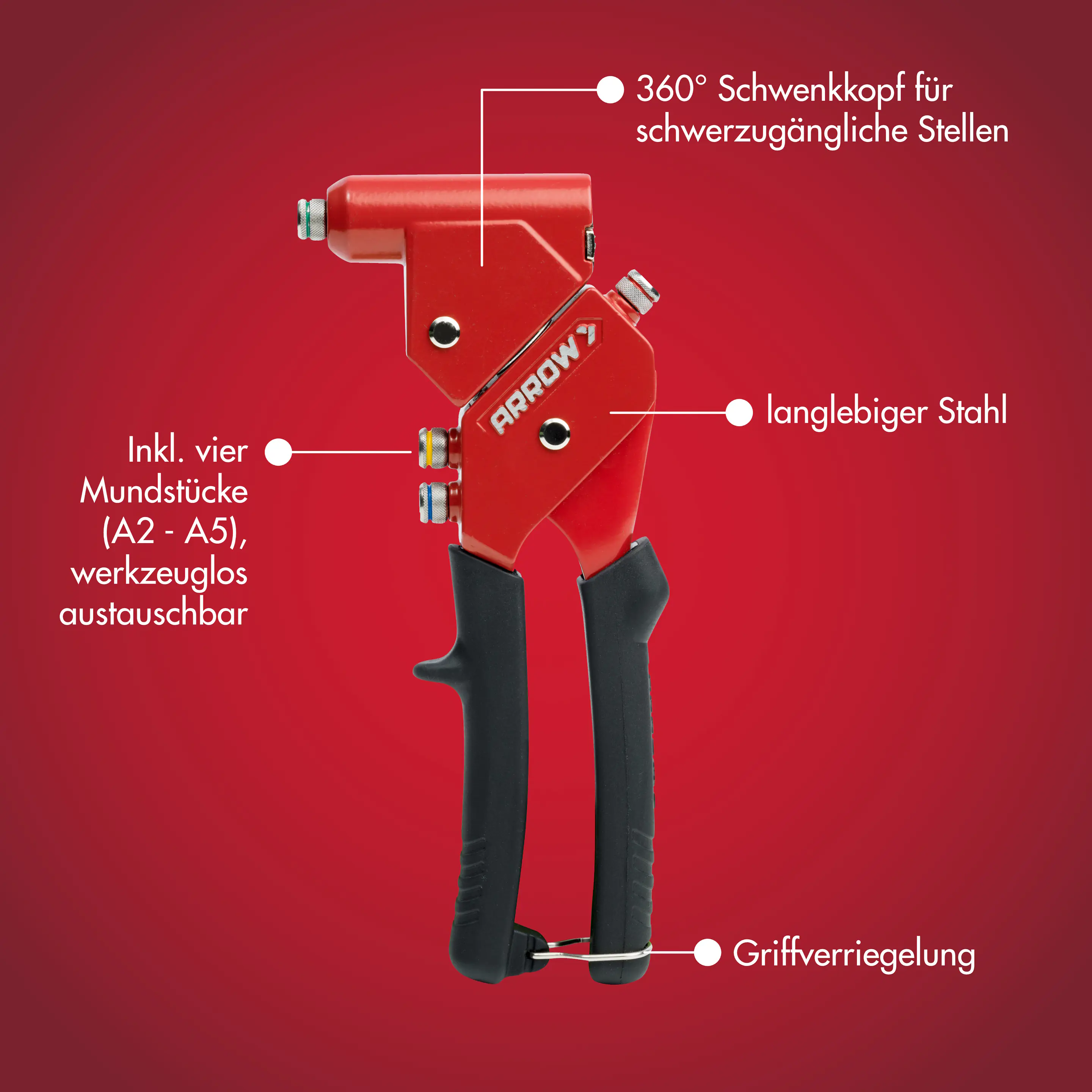 Arrow Blindnietzange RT187 23 cm inkl. 4 Mundstücke 360° Schwenkkopf
