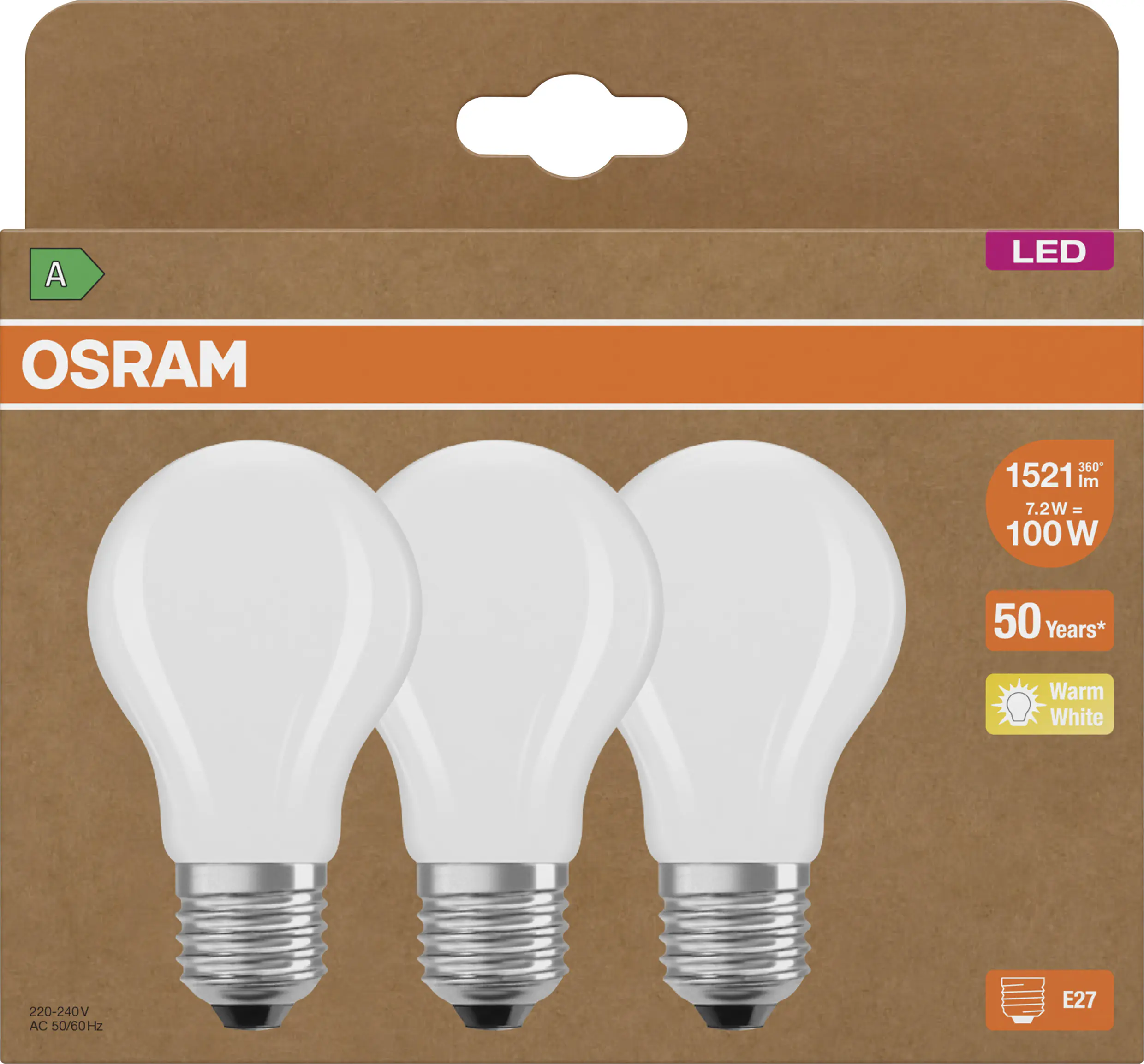Osram LED Leuchtmittel Classic E27 3er Pack 7,2W matt warmweiß