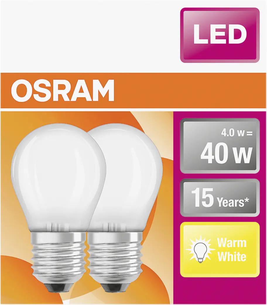 Osram LED Leuchtmittel Clas P40 E27 4W 2er Pack warmweiß, weiß matt
