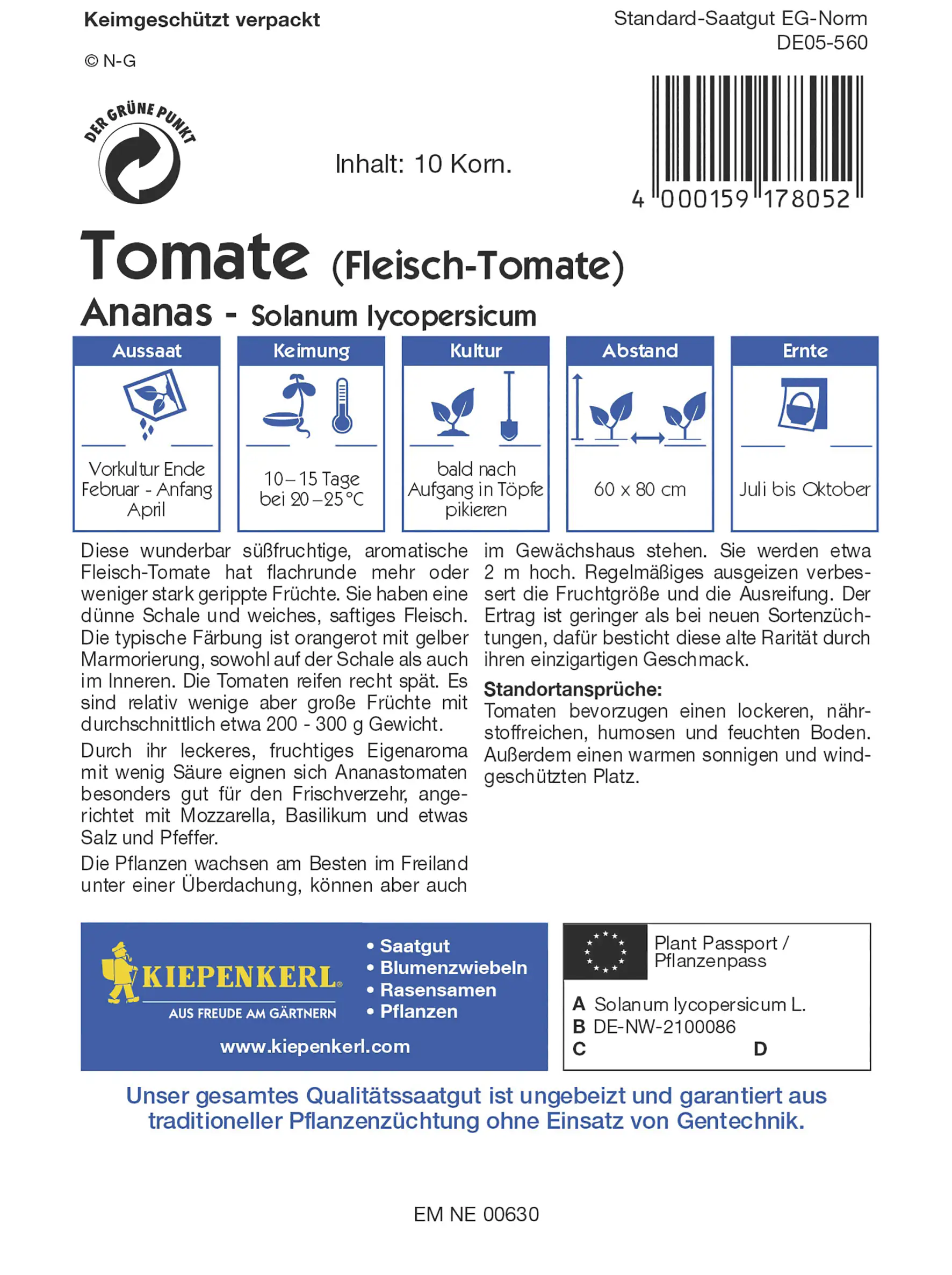 Kiepenkerl Fleisch-Tomate Ananas Inhalt reicht für 10 Korn