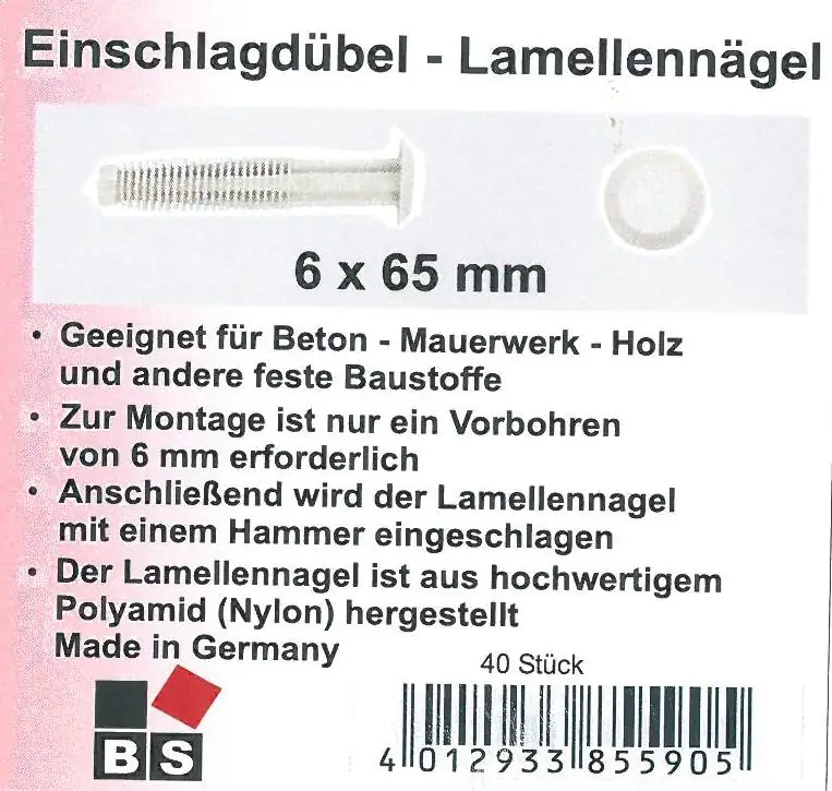 B.S. Bauprogramm Einschlagdübel weiß Ø 6 x 65 mm