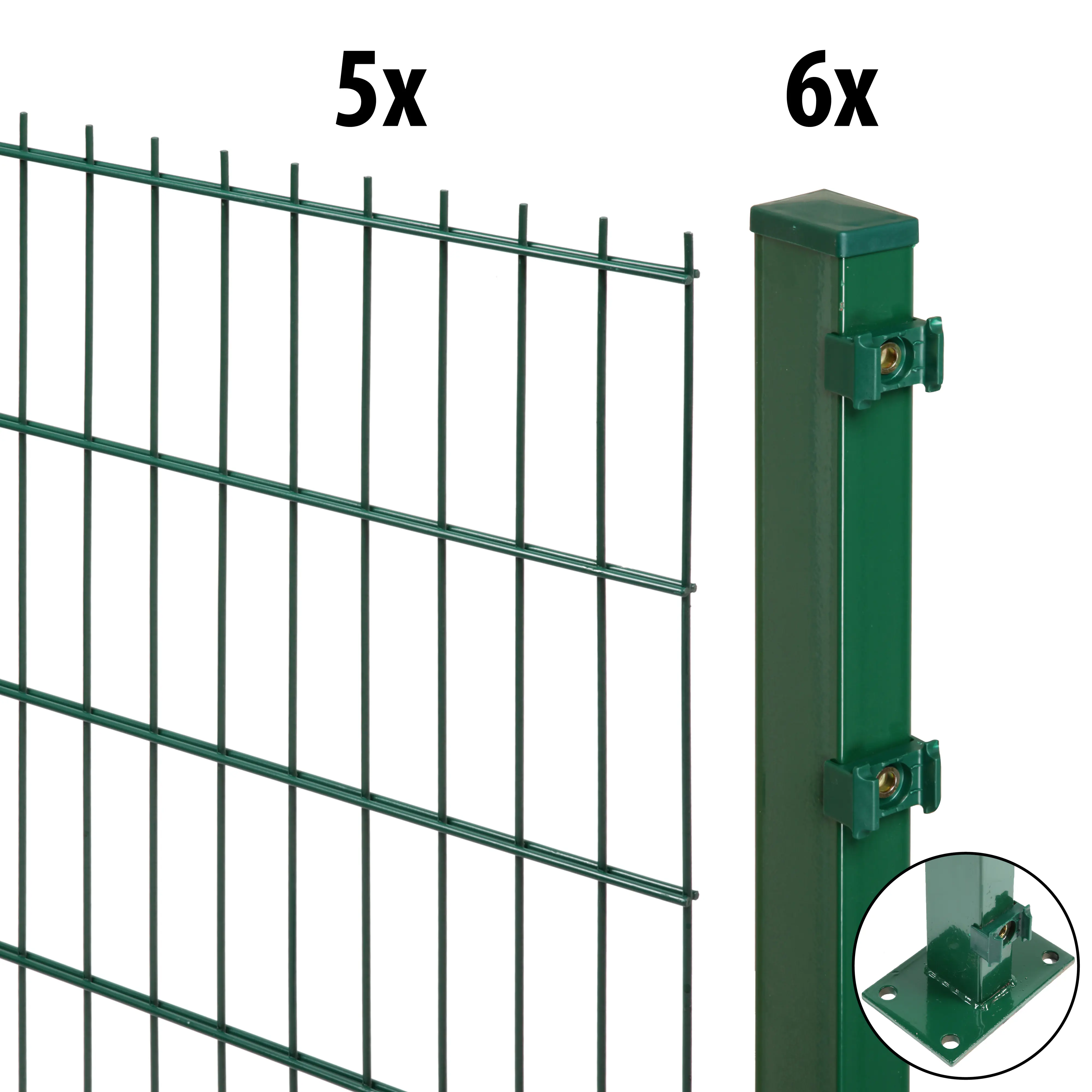 Floraworld Doppelstabmatten-Zaun Set Comfort 10 m 201 x 163 cm mit Bodenplatte & 6 Pfosten 169,3 cm moosgrün