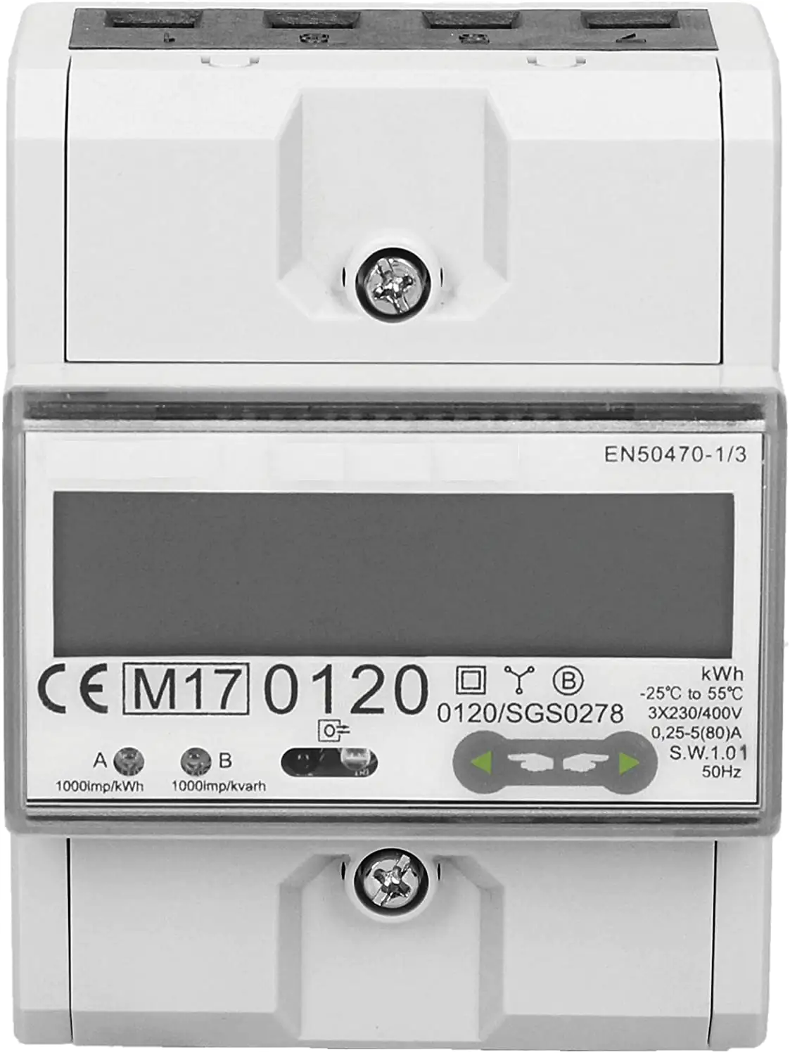 Drehstromzähler geeicht, MID, LCD, zur Montage auf die Hutschiene