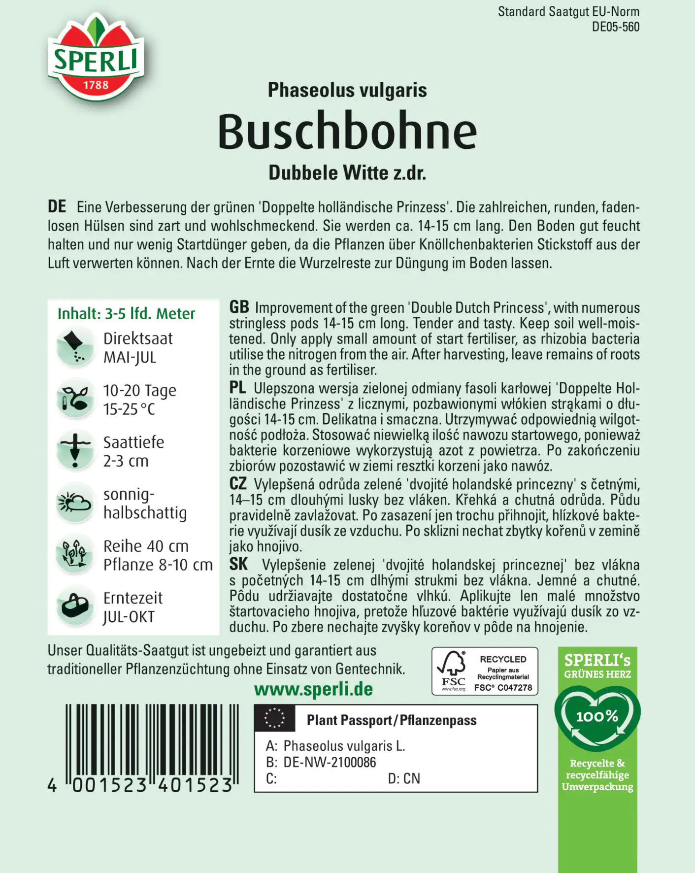 Sperli Buschbohne Dubbele Witte z.dr.