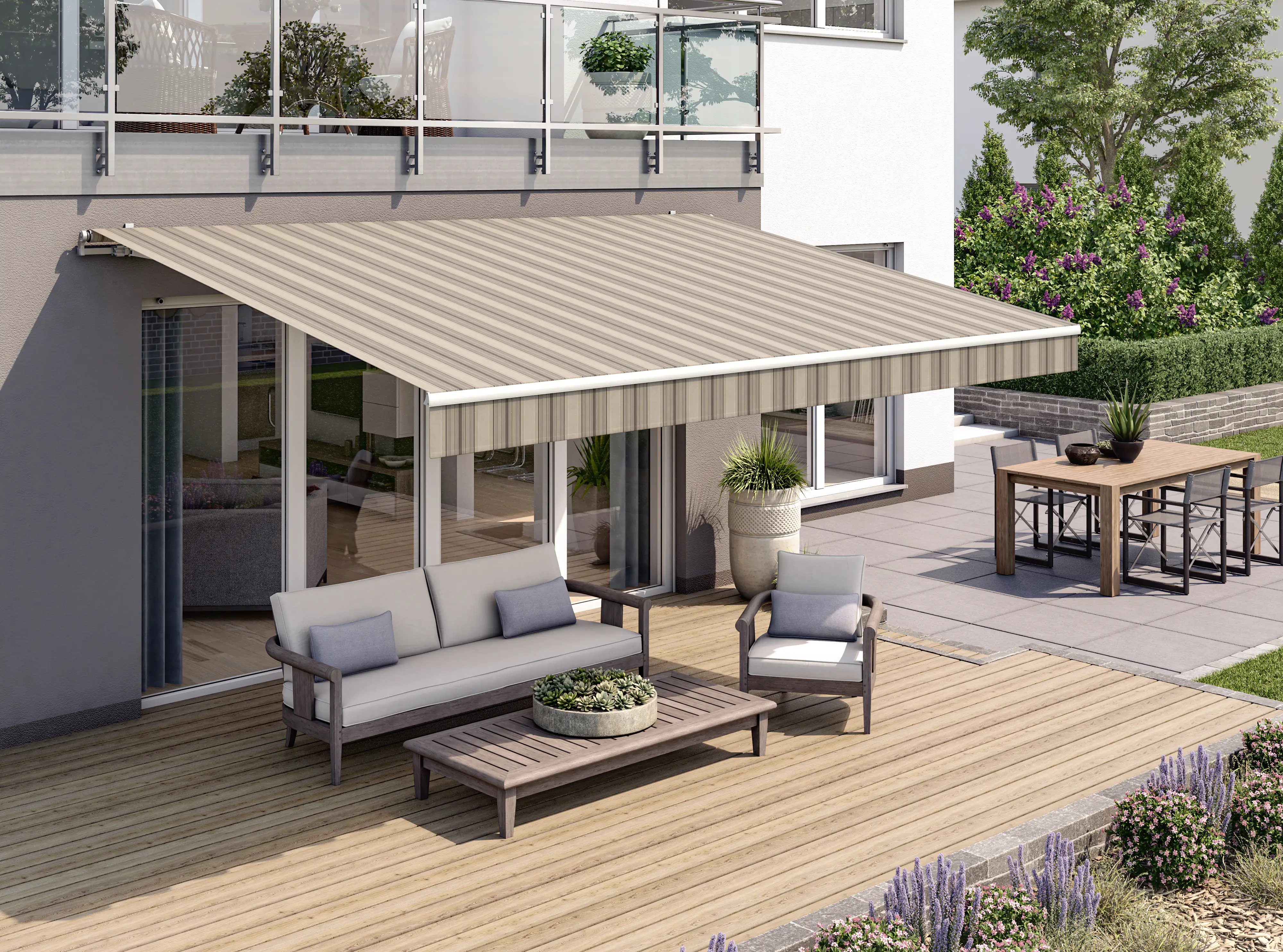 Gelenkarmmarkise Classic beige-braun gestreift inkl. Motor, Handsender, Solar Panel Gelenkarmmarkise Classic beige-braun gestreift inkl. Motor, Handsender, Solar Panel