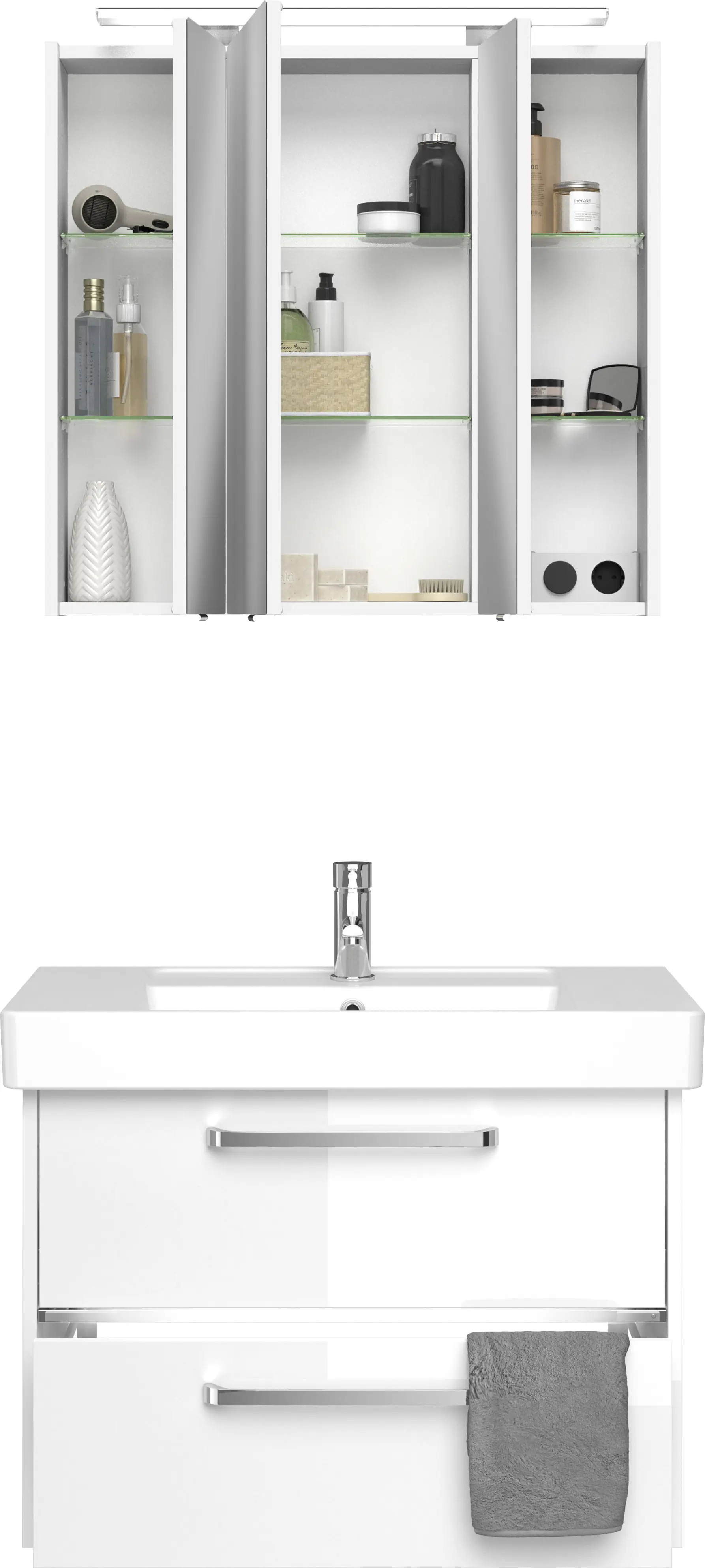Primaster Badmöbel-Set Berlin weiß 80 cm LED-Leuchten, Keramikwaschtisch