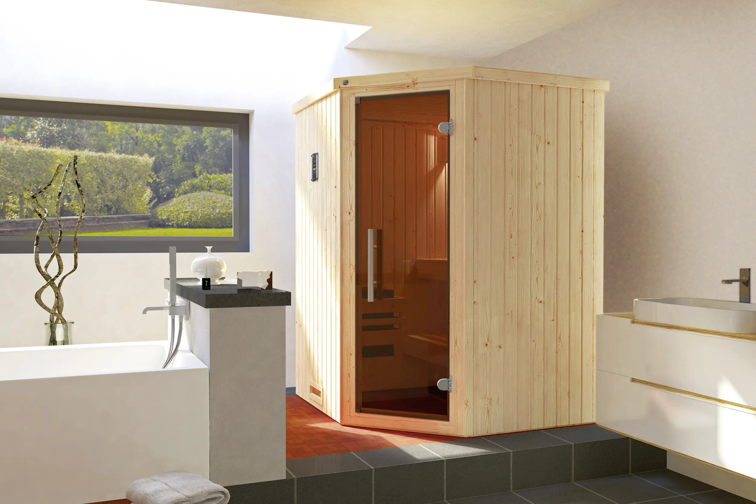 Weka Element-Ecksauna Kiruna 1 mit Glastür und Kompakt BioS Saunaofen