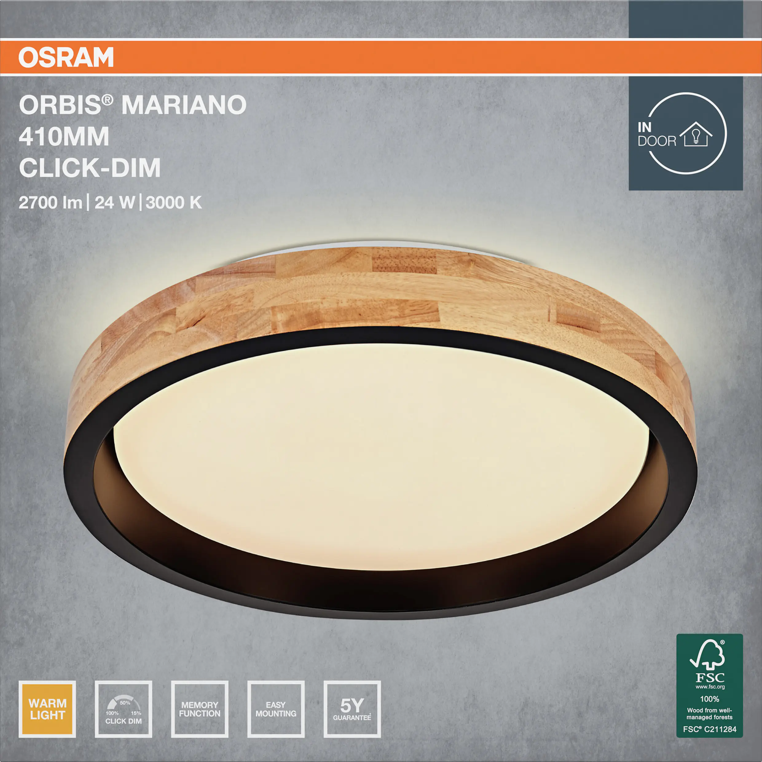 Osram LED-Deckenleuchte Orbis Mariano Ø 41 cm 24 W Holzdekor schwarz dimmbar