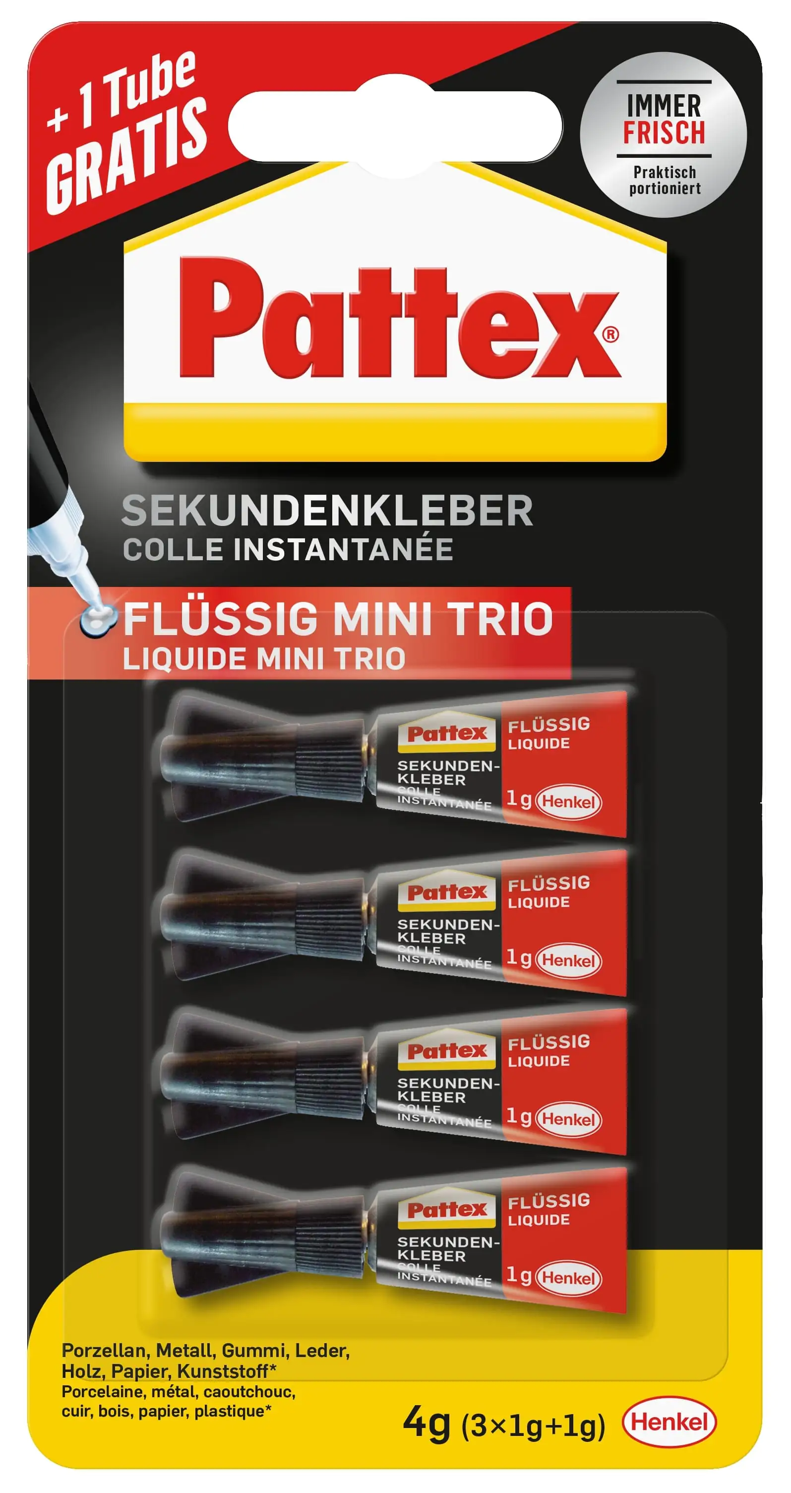 Pattex Sekundenkleber Flüssig Mini Trio 3 x 1 g + 1 Tube gratis, trocknet transparent