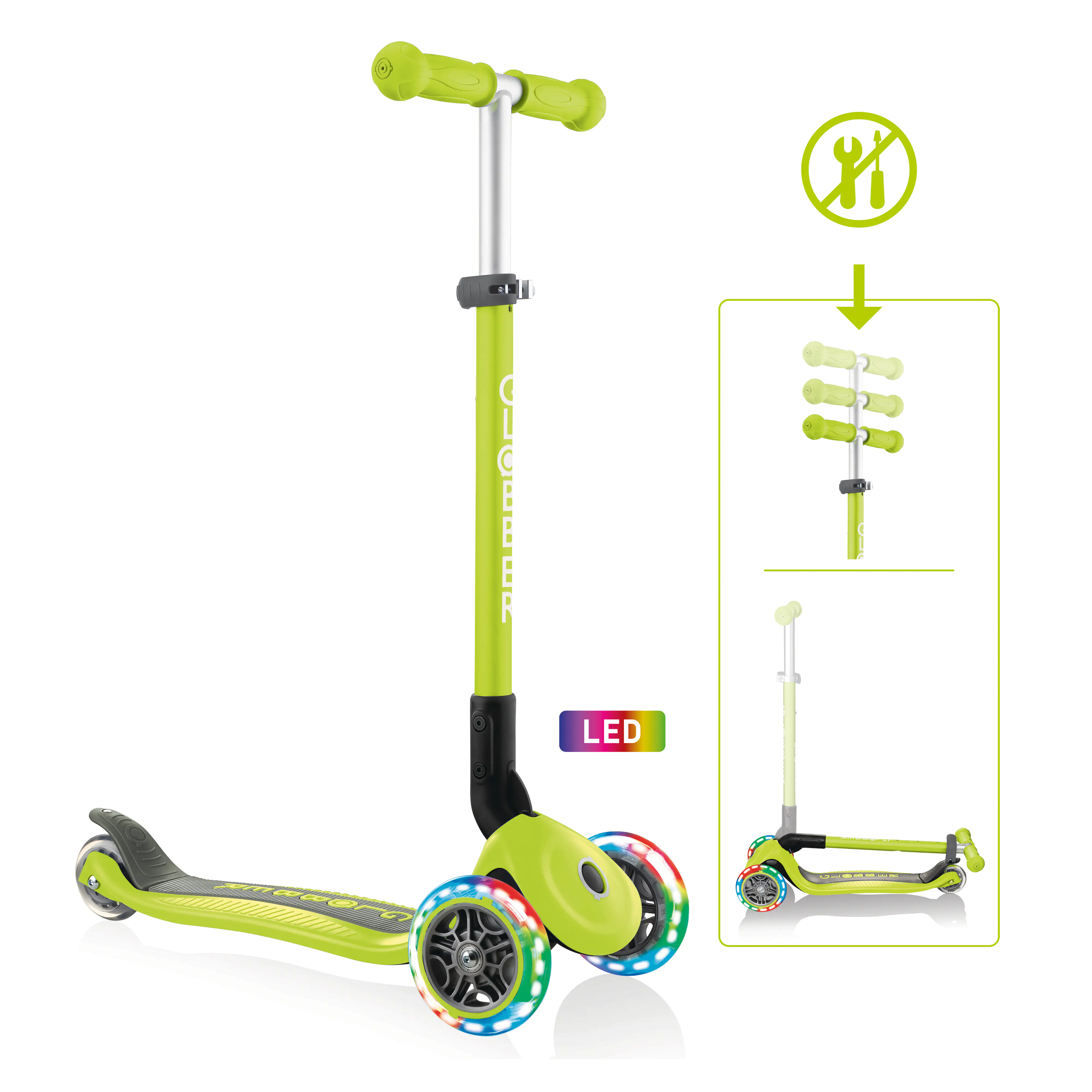 Globber Scooter Primo Foldable lime grün mit Leuchtrollen