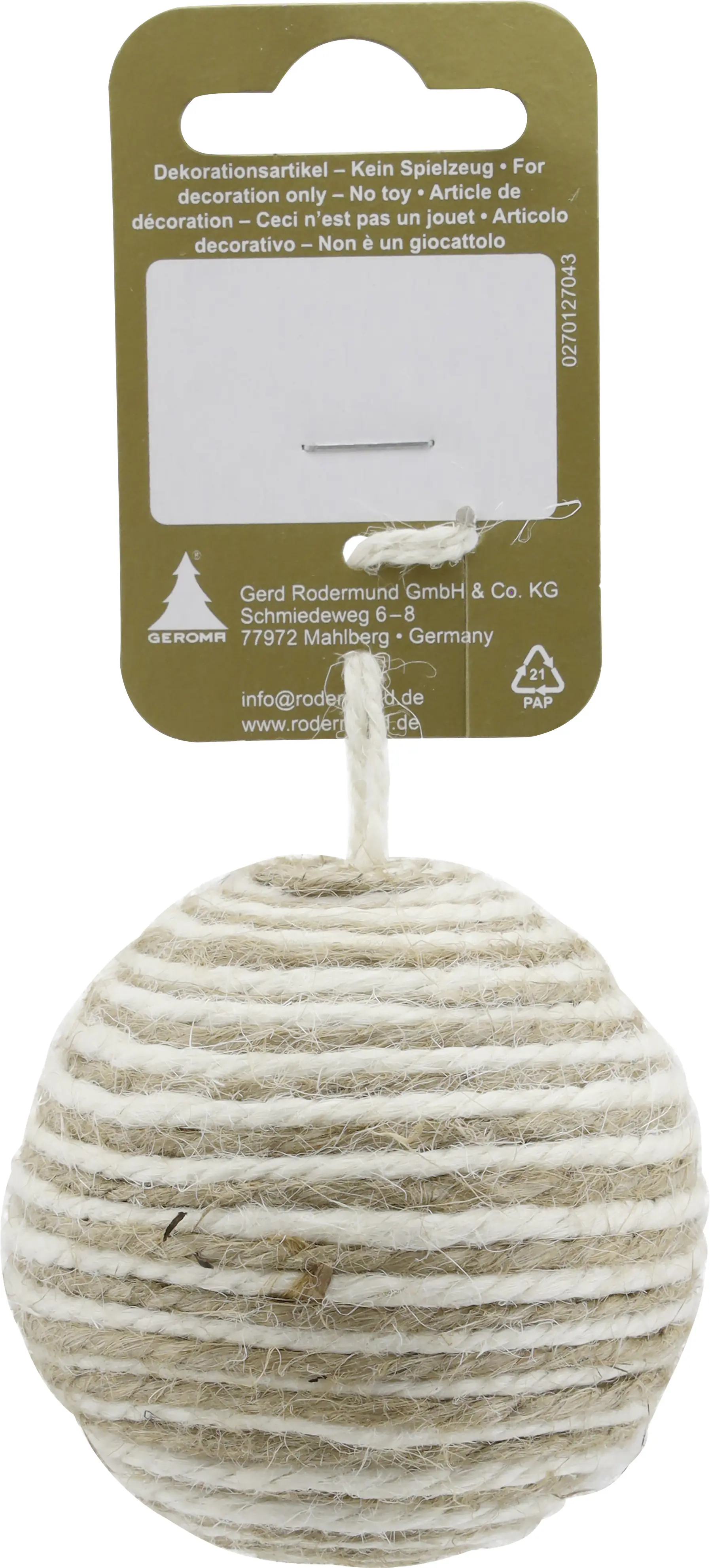 Weihnachtskugel mit Baumwolle umwickelt Ø 6 cm weiß/natur