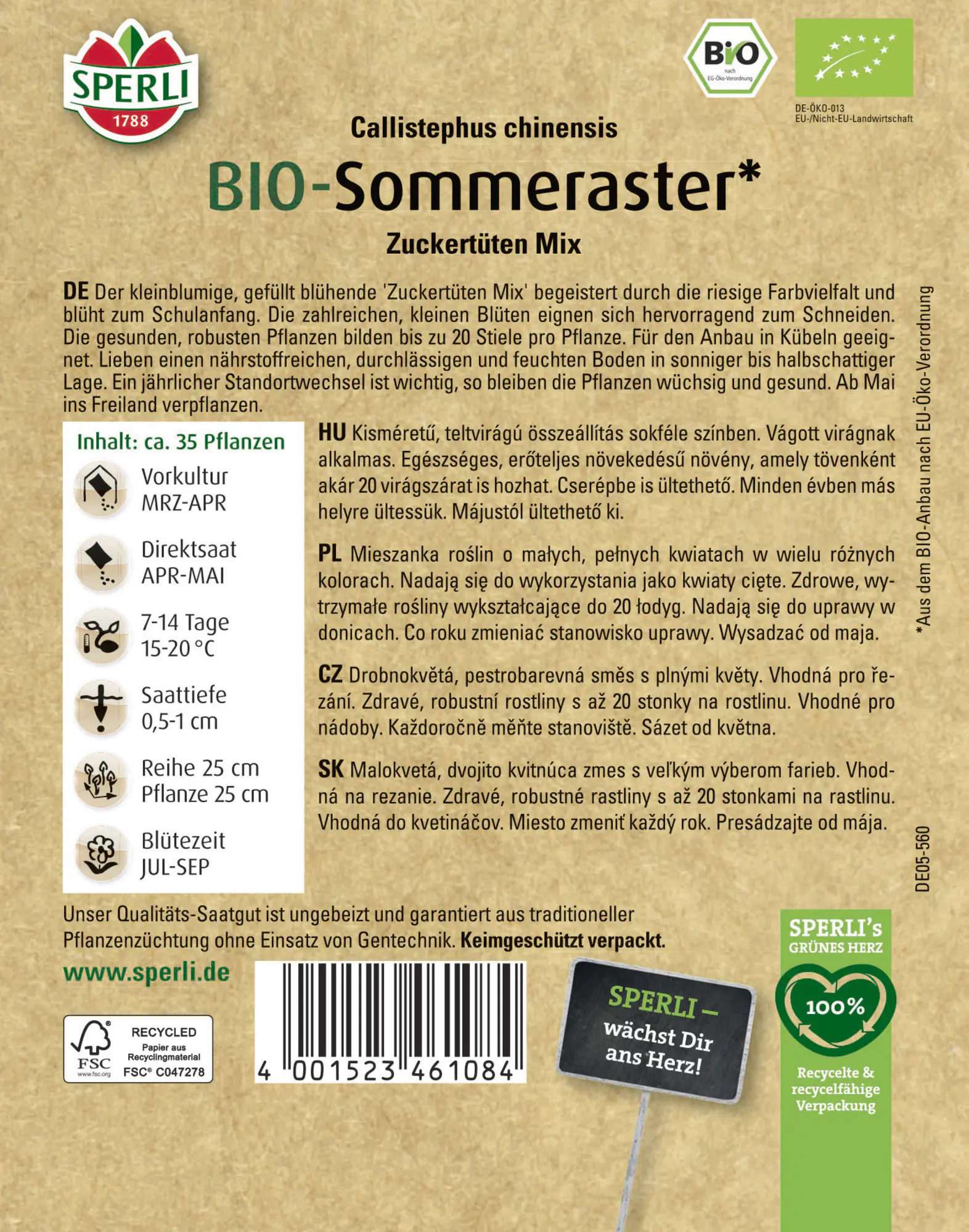 Sperli Saatgut BIO Sommeraster für ca. 35 Pflanzen