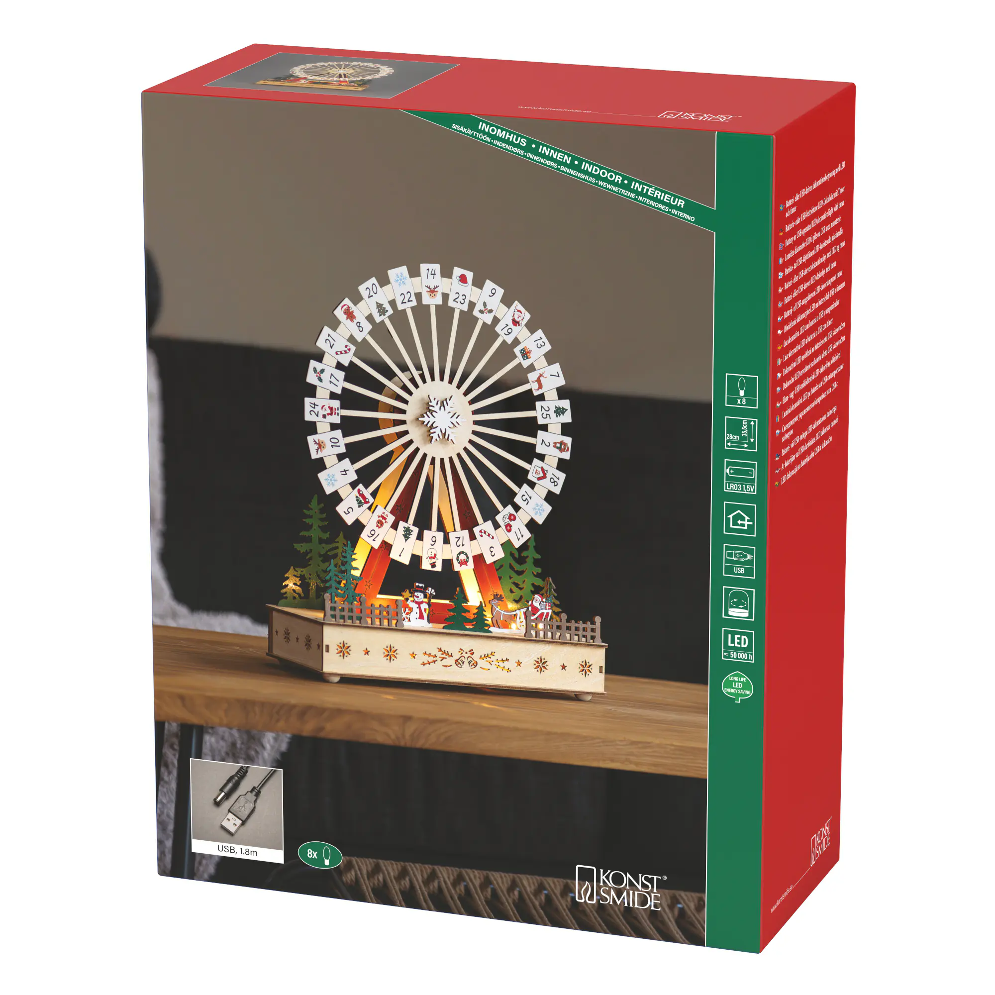 Konstsmide LED-Holzsilhouette Adventskalender Riesenrad batteriebetrieben mit Timer 28 x 35,5 cm warmweiß