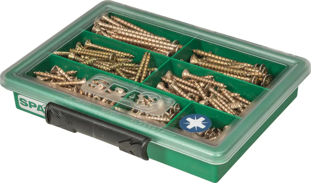Spax Sortimentskasten 3 x 16, 30 mm 4 x 30, 35, 40 mm 4.5 x 50 mm 5 x 60 mm Spax Sortimentskasten 3 x 16, 30 mm 4 x 30, 35, 40 mm 4.5 x 50 mm 5 x 60 mm