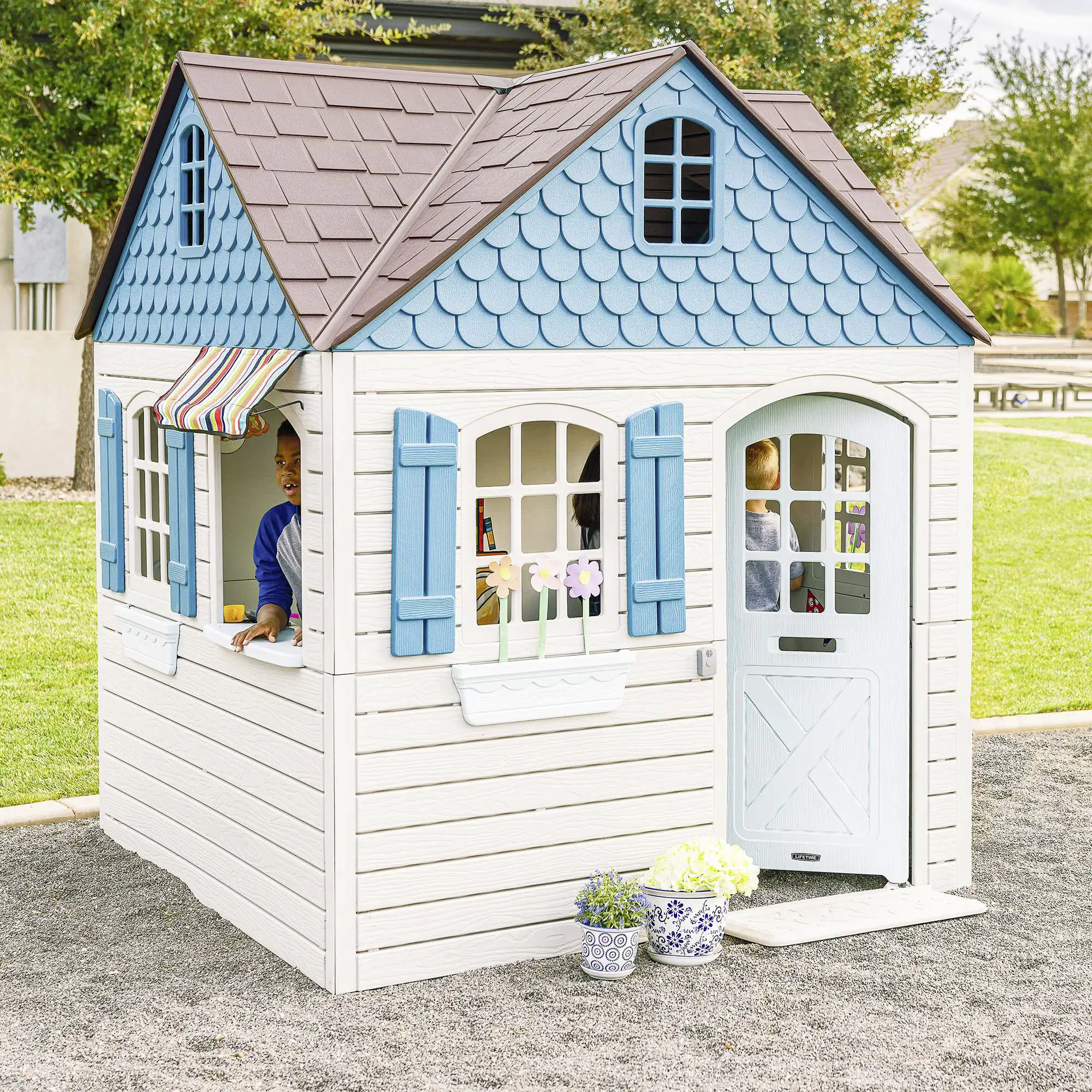 0081483820927_3018930 Lifetime Kinderspielhaus Flipper Gartenhaus Spielgerät lichtgrau blau 186 x 186 cm