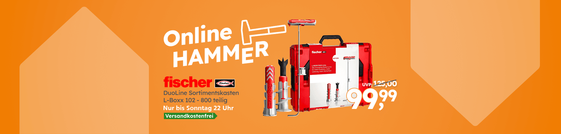 „Online HAMMER“: fischer DuoLine Sortimentskasten L-Boxx 102, 800-teilig, für 99,99 €, versandkostenfrei bis Sonntag 22 Uhr.